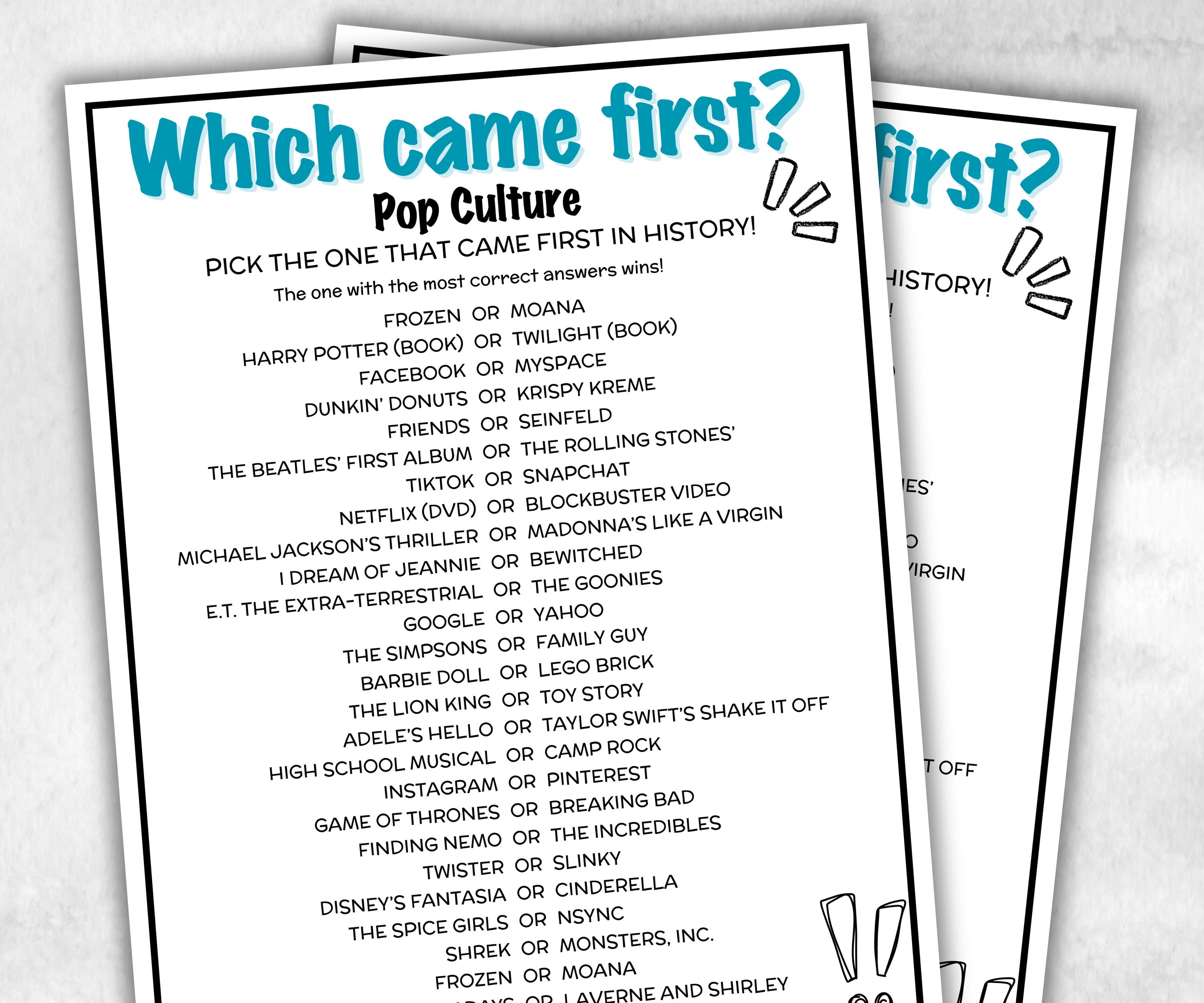 Guess Which Came First Pop Culture Quiz, Match UpTrivia Game, , Senior Game night, family game activity, Kids Teen Adult party guess games-Holidays -TheHustlingCatLady-Party Games