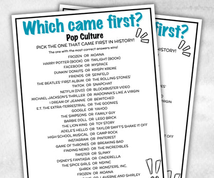 Guess Which Came First Pop Culture Quiz, Match UpTrivia Game, , Senior Game night, family game activity, Kids Teen Adult party guess games-Holidays -TheHustlingCatLady-Party Games