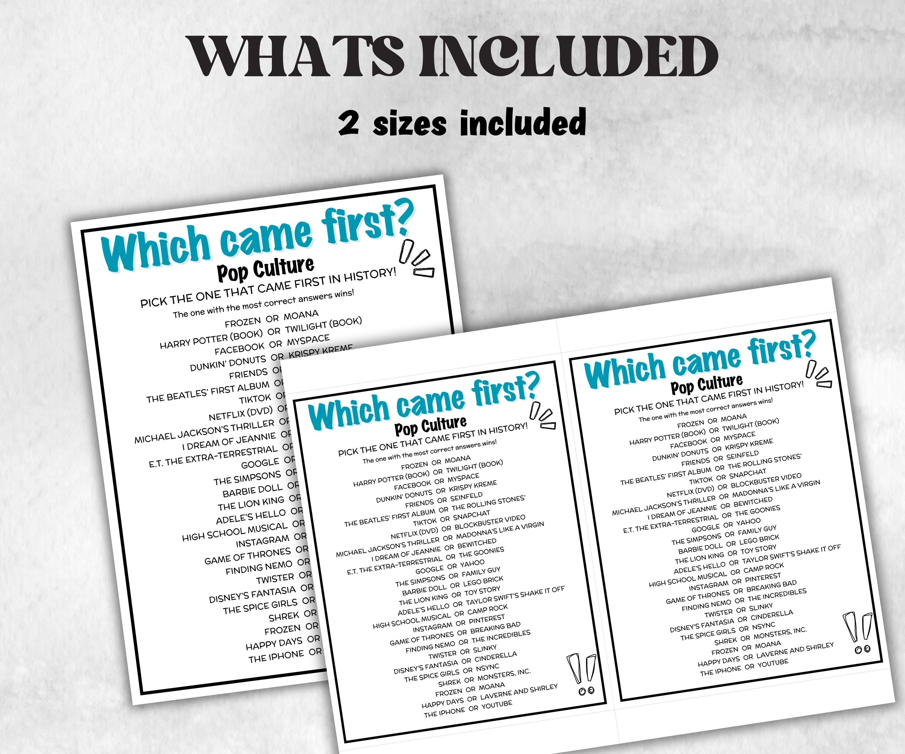 Guess Which Came First Pop Culture Quiz, Match UpTrivia Game, , Senior Game night, family game activity, Kids Teen Adult party guess games-Holidays -TheHustlingCatLady-Party Games