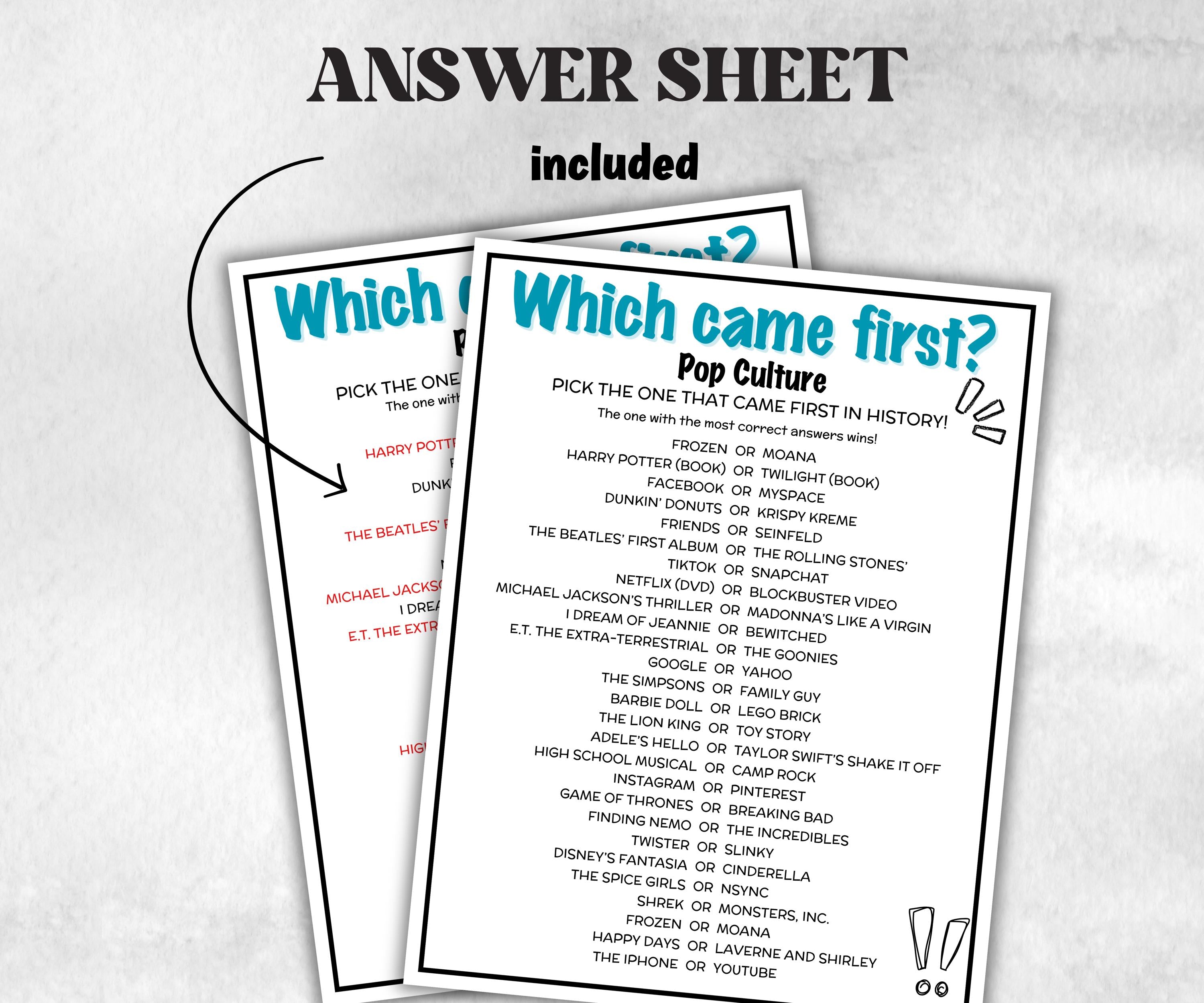 Guess Which Came First Pop Culture Quiz, Match UpTrivia Game, , Senior Game night, family game activity, Kids Teen Adult party guess games-Holidays -TheHustlingCatLady-Party Games