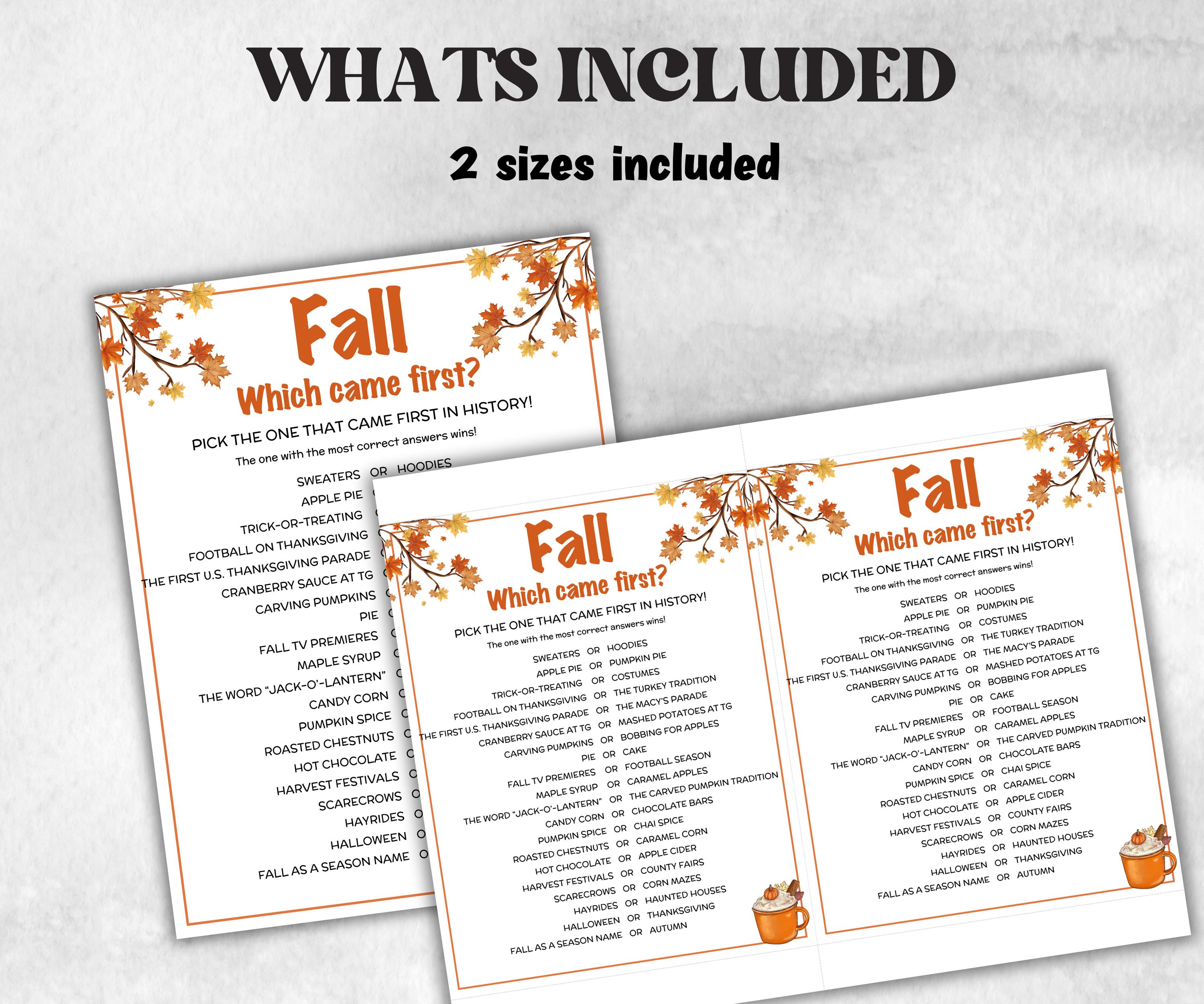 Fall Which Came First, fall Season, Autumn Match UpTrivia Game, , Senior Game night, family game activity, Kids Teen Adult party guess games-Thanksgiving -TheHustlingCatLady-Party Games