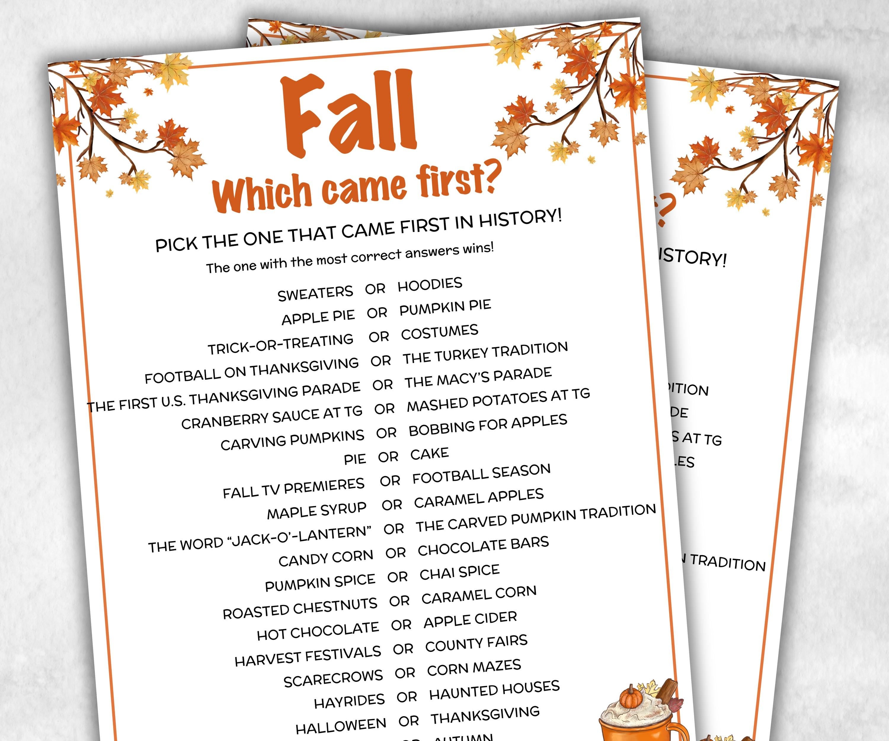 Fall Which Came First, fall Season, Autumn Match UpTrivia Game, , Senior Game night, family game activity, Kids Teen Adult party guess games-Thanksgiving -TheHustlingCatLady-Party Games