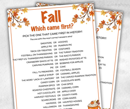 Fall Which Came First, fall Season, Autumn Match UpTrivia Game, , Senior Game night, family game activity, Kids Teen Adult party guess games-Thanksgiving -TheHustlingCatLady-Party Games