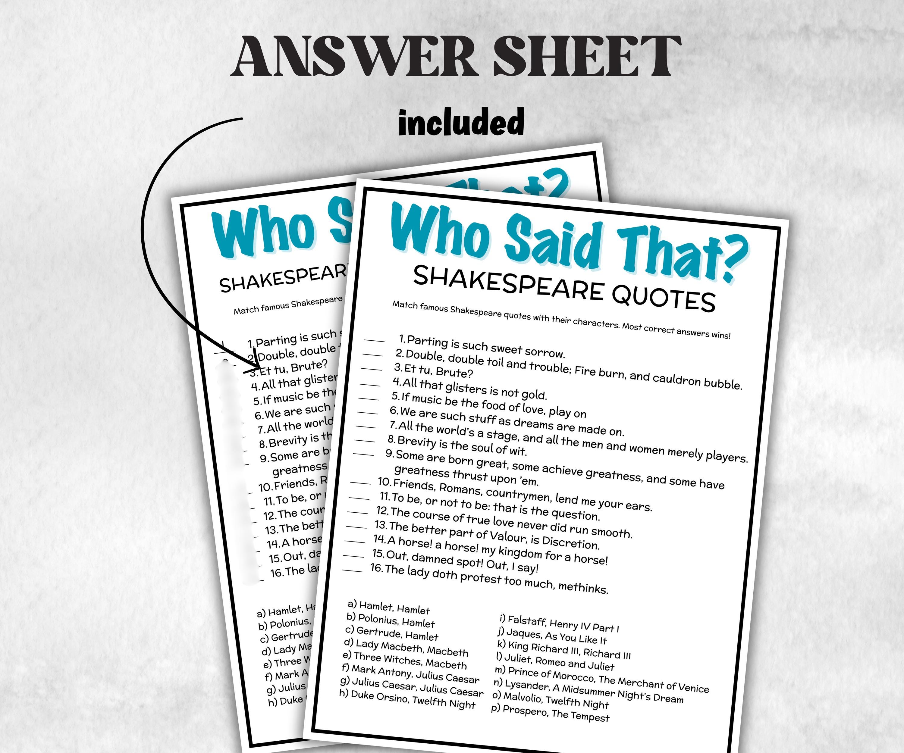 Famous Shakespeare Quotes Trivia Game, Shakespeare Quiz, Pop Culture Game, Teens & Adults, Family Game Night, Office Party Fun,Classroom Fun-Holidays -TheHustlingCatLady-Party Games