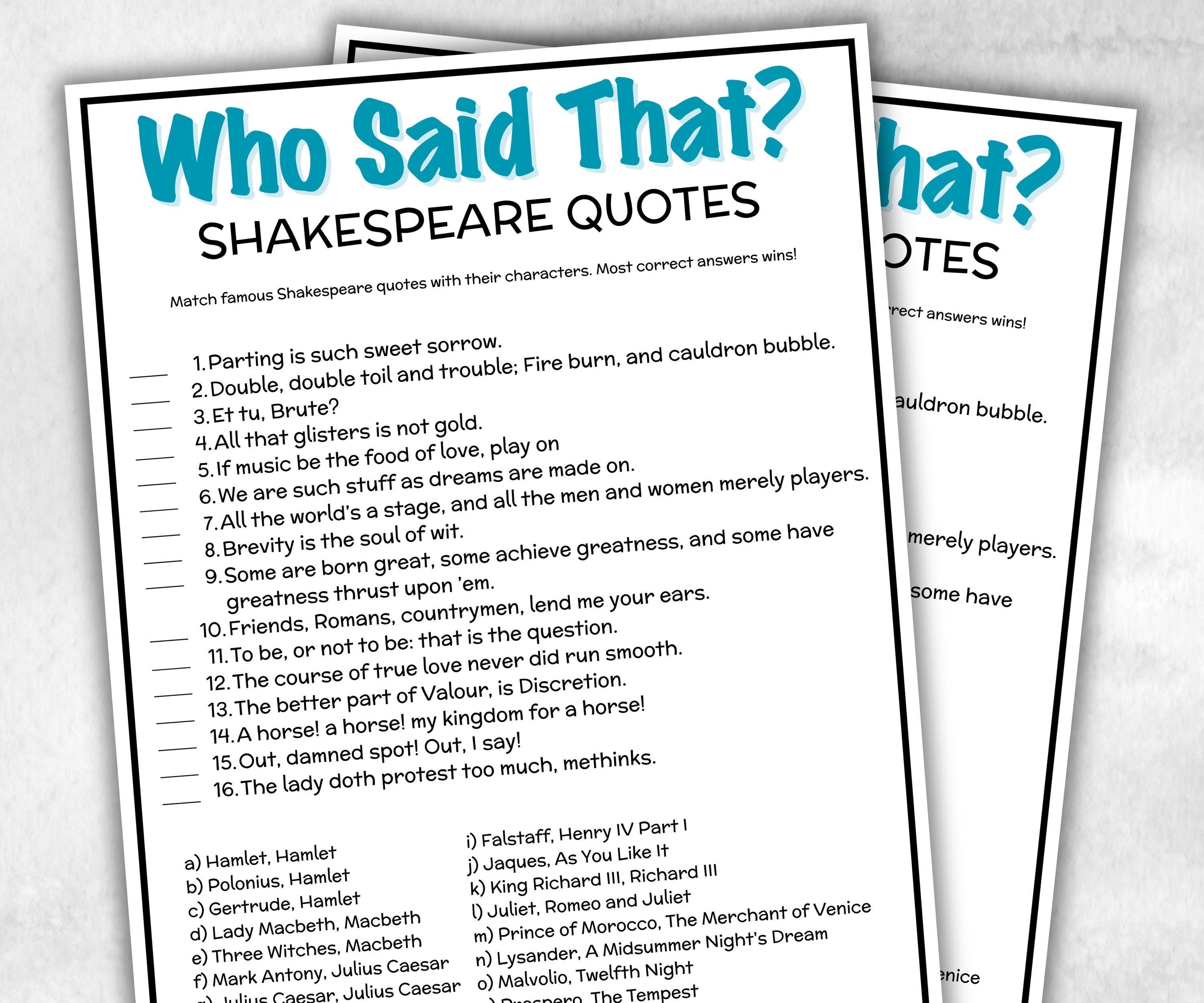 Famous Shakespeare Quotes Trivia Game, Shakespeare Quiz, Pop Culture Game, Teens & Adults, Family Game Night, Office Party Fun,Classroom Fun-Holidays -TheHustlingCatLady-Party Games