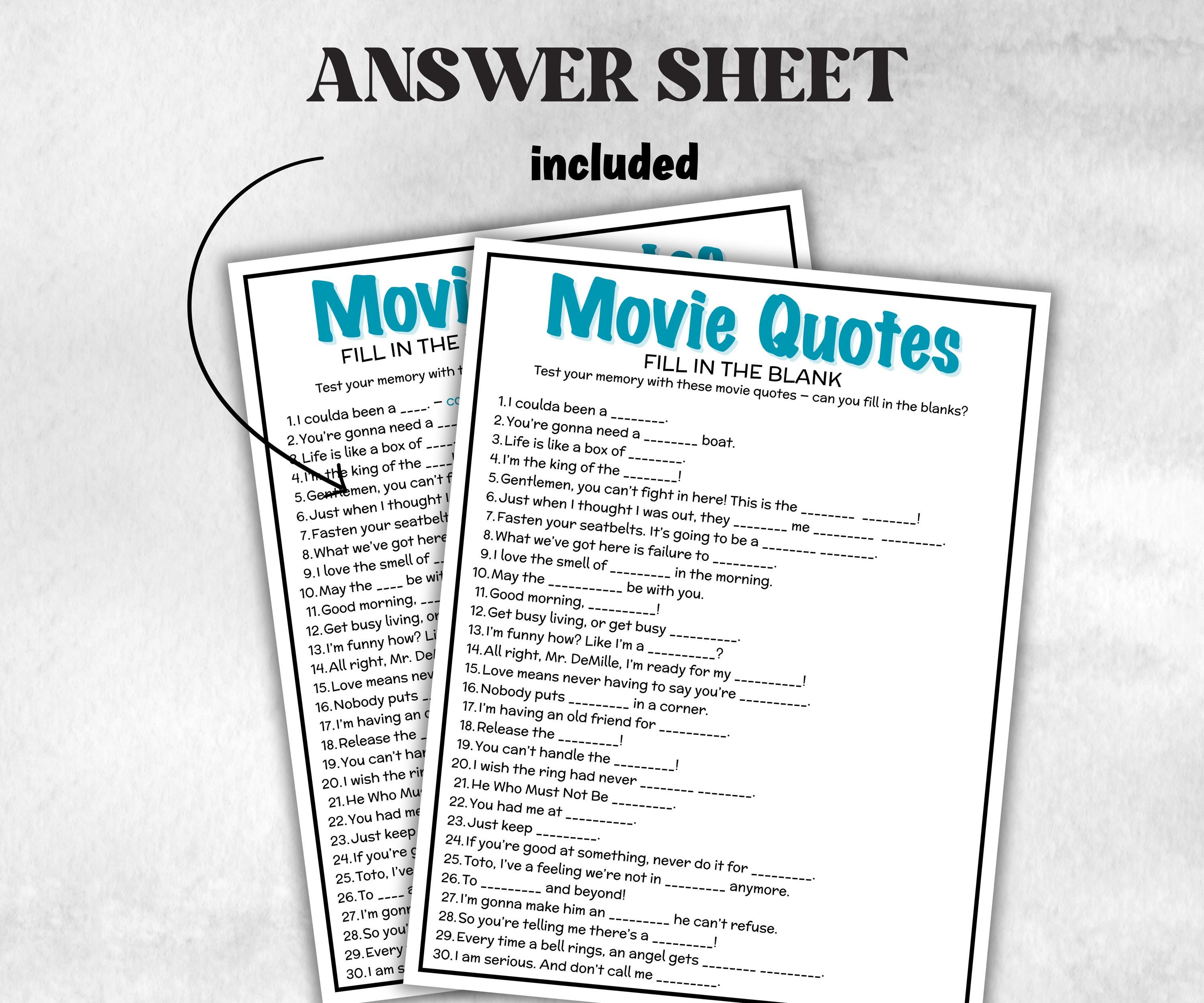 Movie quote memory game, Name that Movie, silver screen quiz, movie trivia quiz, Iconic Movie Lines, Party, Popcorn Night, fill in the blank-Holidays -TheHustlingCatLady-Party Games