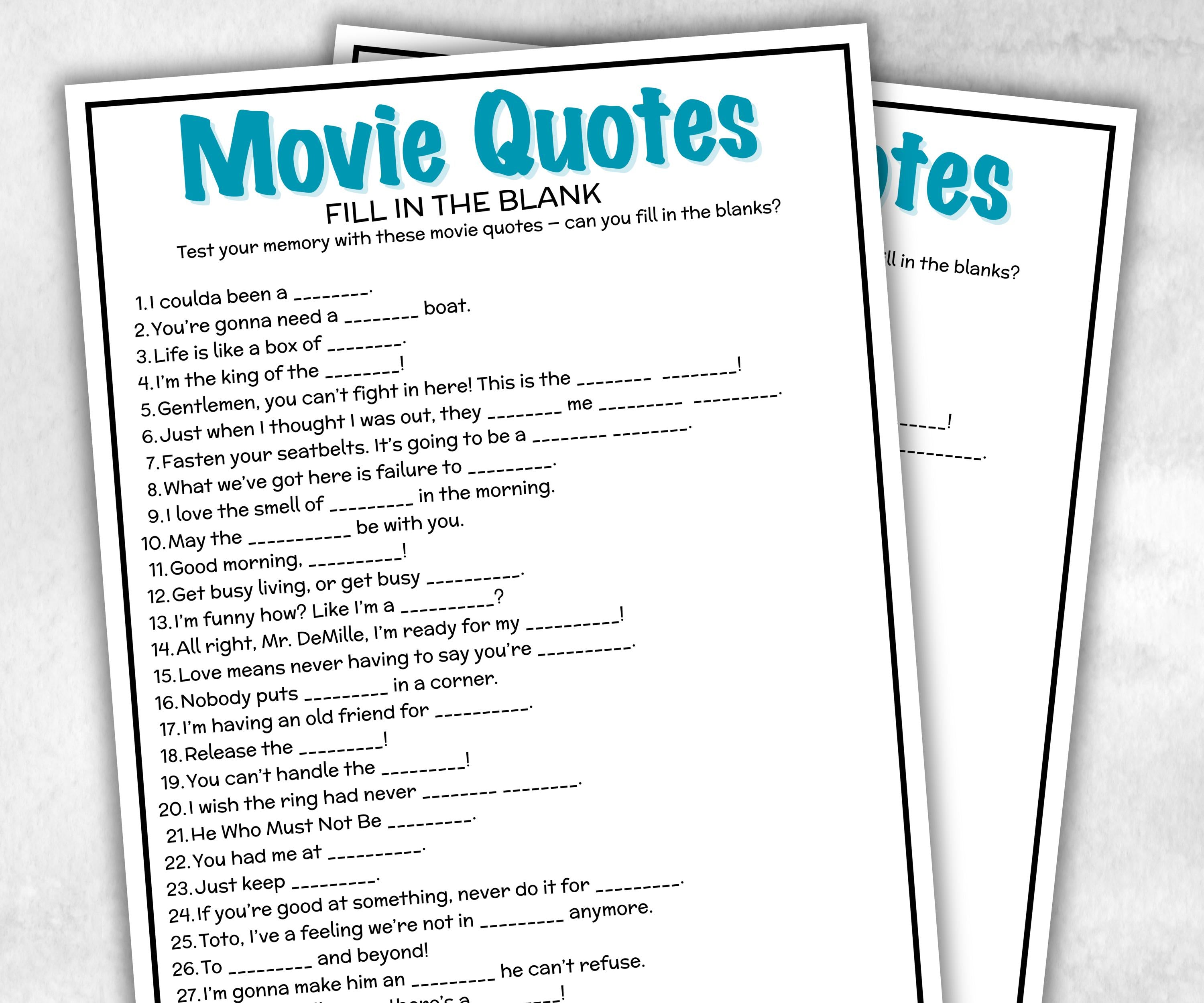 Movie quote memory game, Name that Movie, silver screen quiz, movie trivia quiz, Iconic Movie Lines, Party, Popcorn Night, fill in the blank-Holidays -TheHustlingCatLady-Party Games