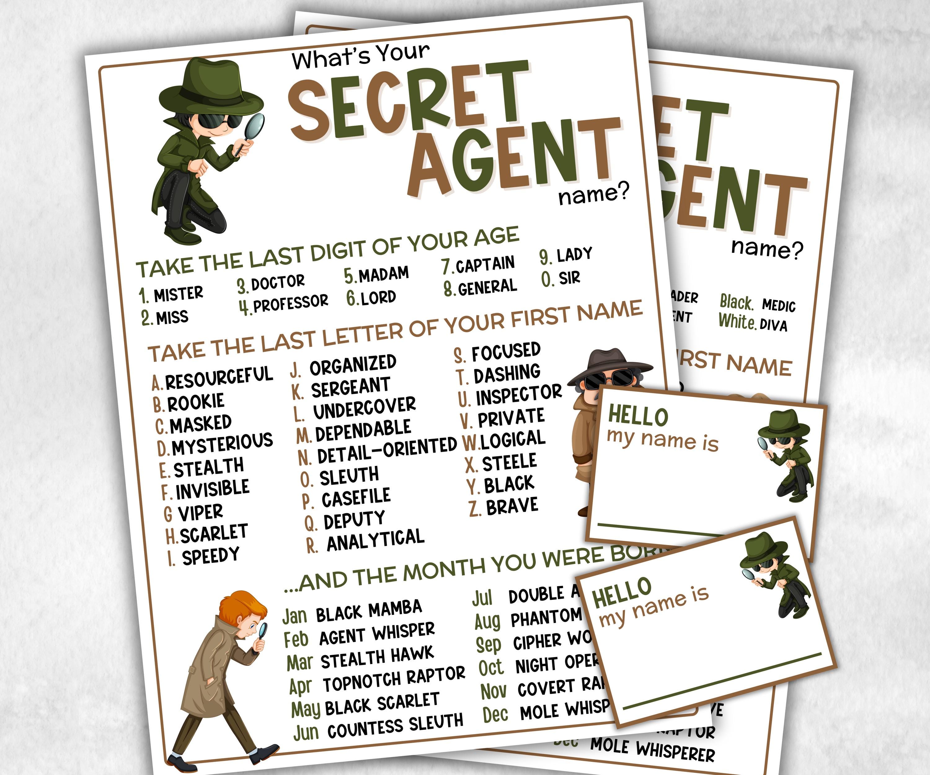 What is your Secret Agent name, office party, daycare Name board sign, party decoration, Name tag, birthday nickname, summer detective games-Holidays -TheHustlingCatLady-Party Games