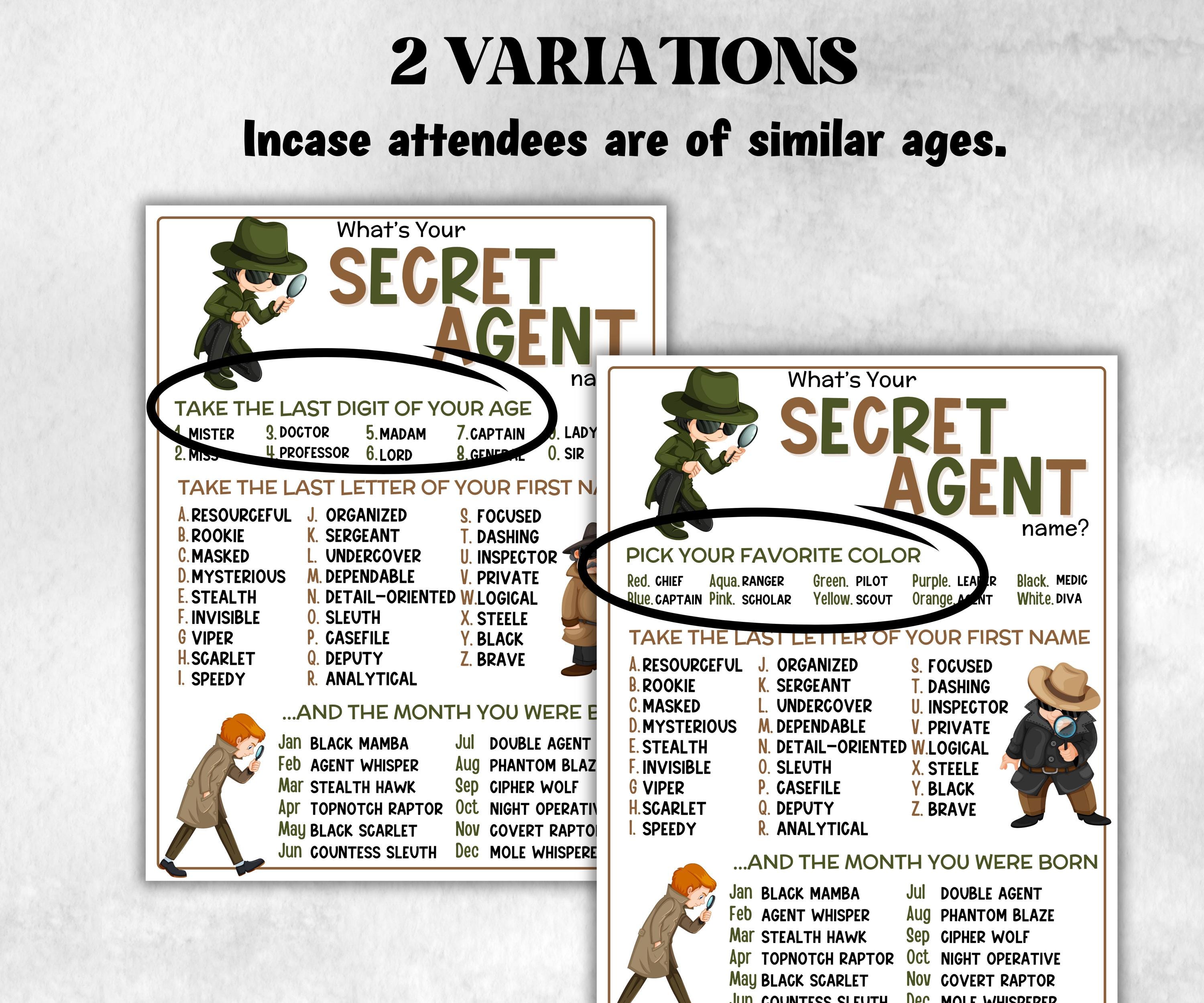 What is your Secret Agent name, office party, daycare Name board sign, party decoration, Name tag, birthday nickname, summer detective games-Holidays -TheHustlingCatLady-Party Games