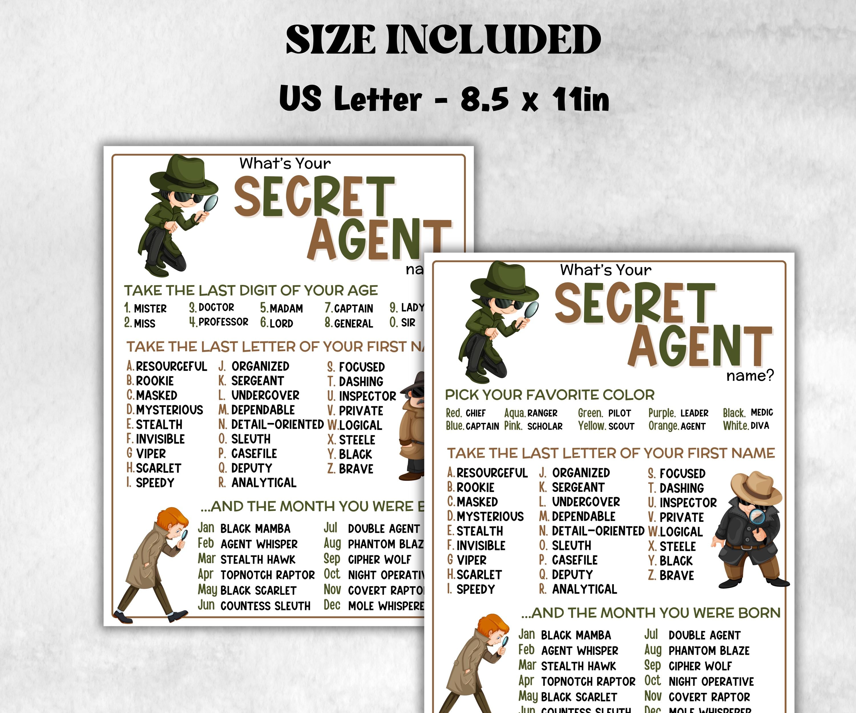 What is your Secret Agent name, office party, daycare Name board sign, party decoration, Name tag, birthday nickname, summer detective games-Holidays -TheHustlingCatLady-Party Games