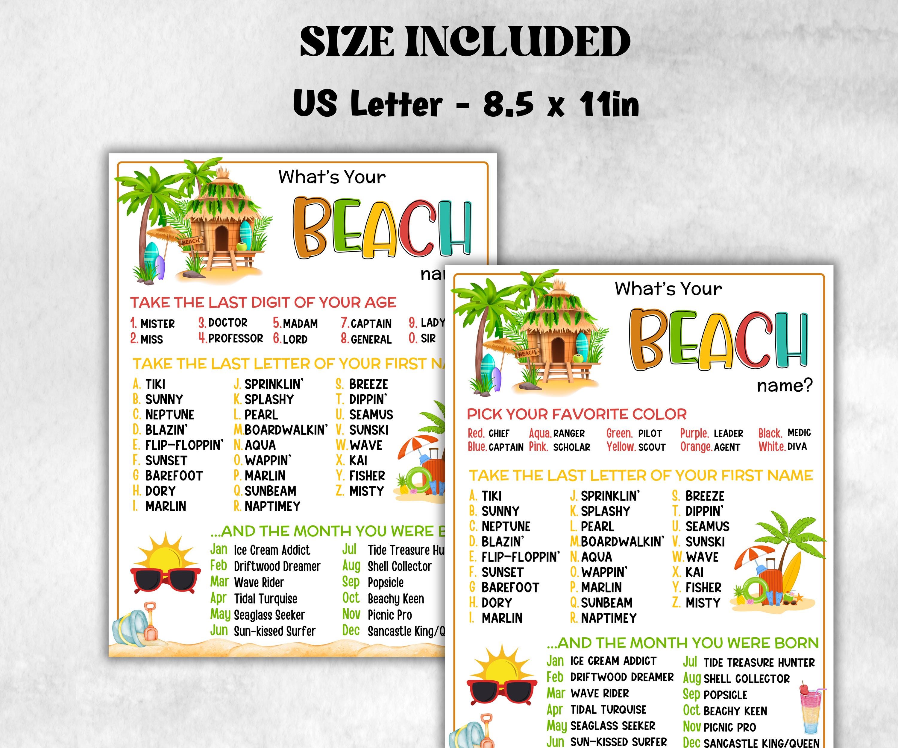 What is your Beach name, office party, daycare Name board sign, party decoration, Name tag, birthday nickname, summer Spring Surfer game-Holidays -TheHustlingCatLady-Party Games