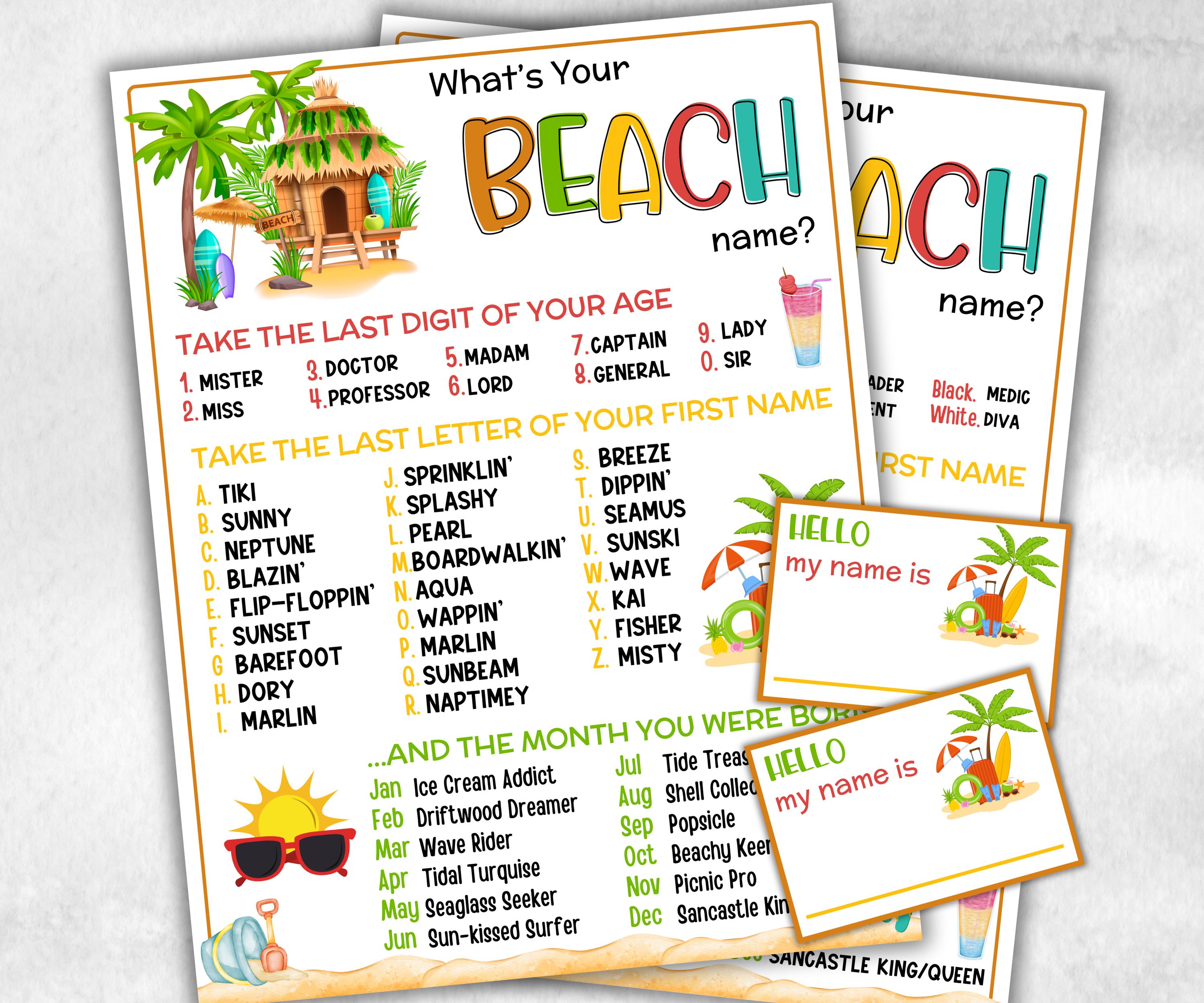 What is your Beach name, office party, daycare Name board sign, party decoration, Name tag, birthday nickname, summer Spring Surfer game-Holidays -TheHustlingCatLady-Party Games