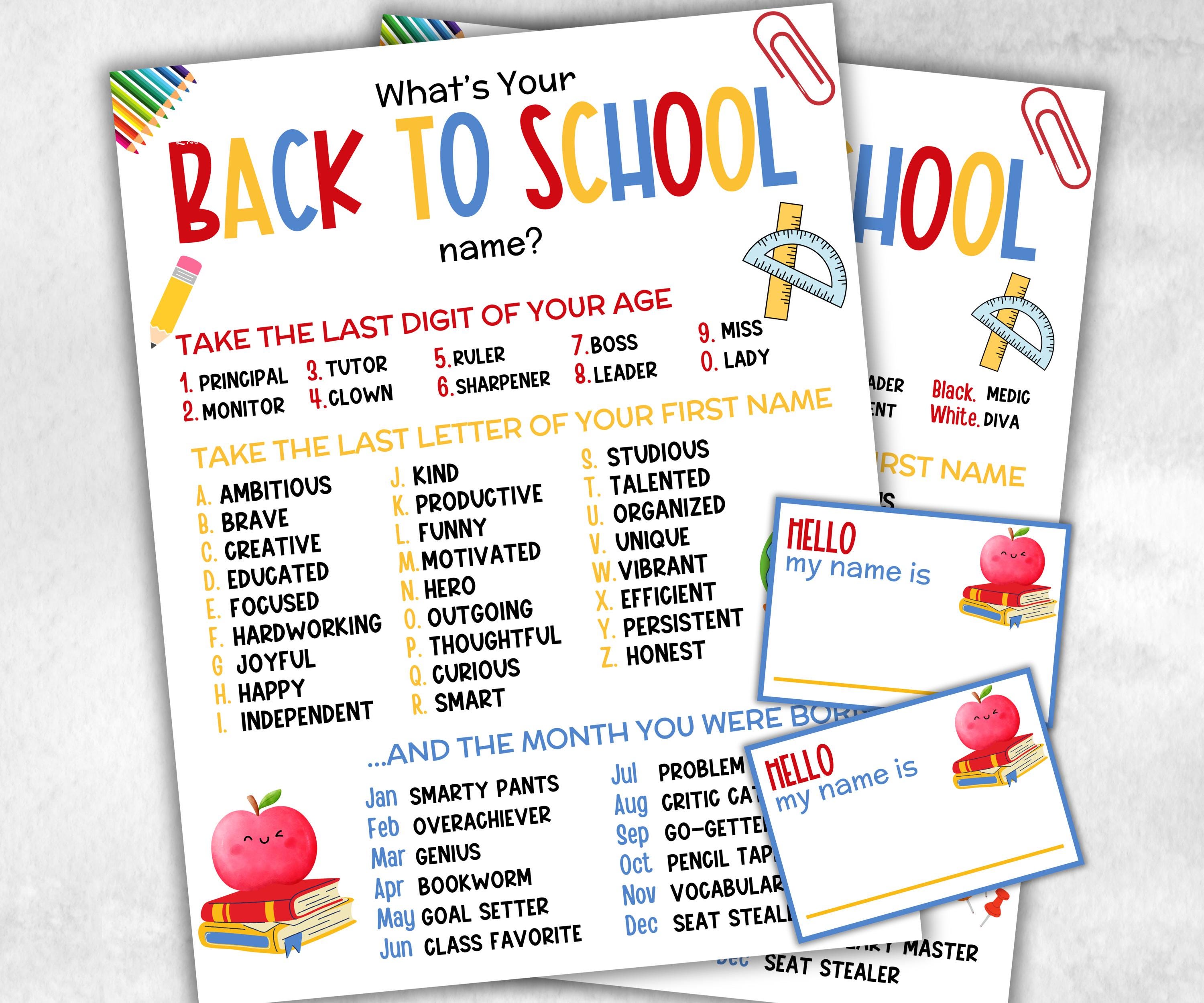 What is your Back to school name game, office party, daycare Name board sign, party decoration, Name tag, birthday nickname, Teacher print-Holidays -TheHustlingCatLady-Party Games