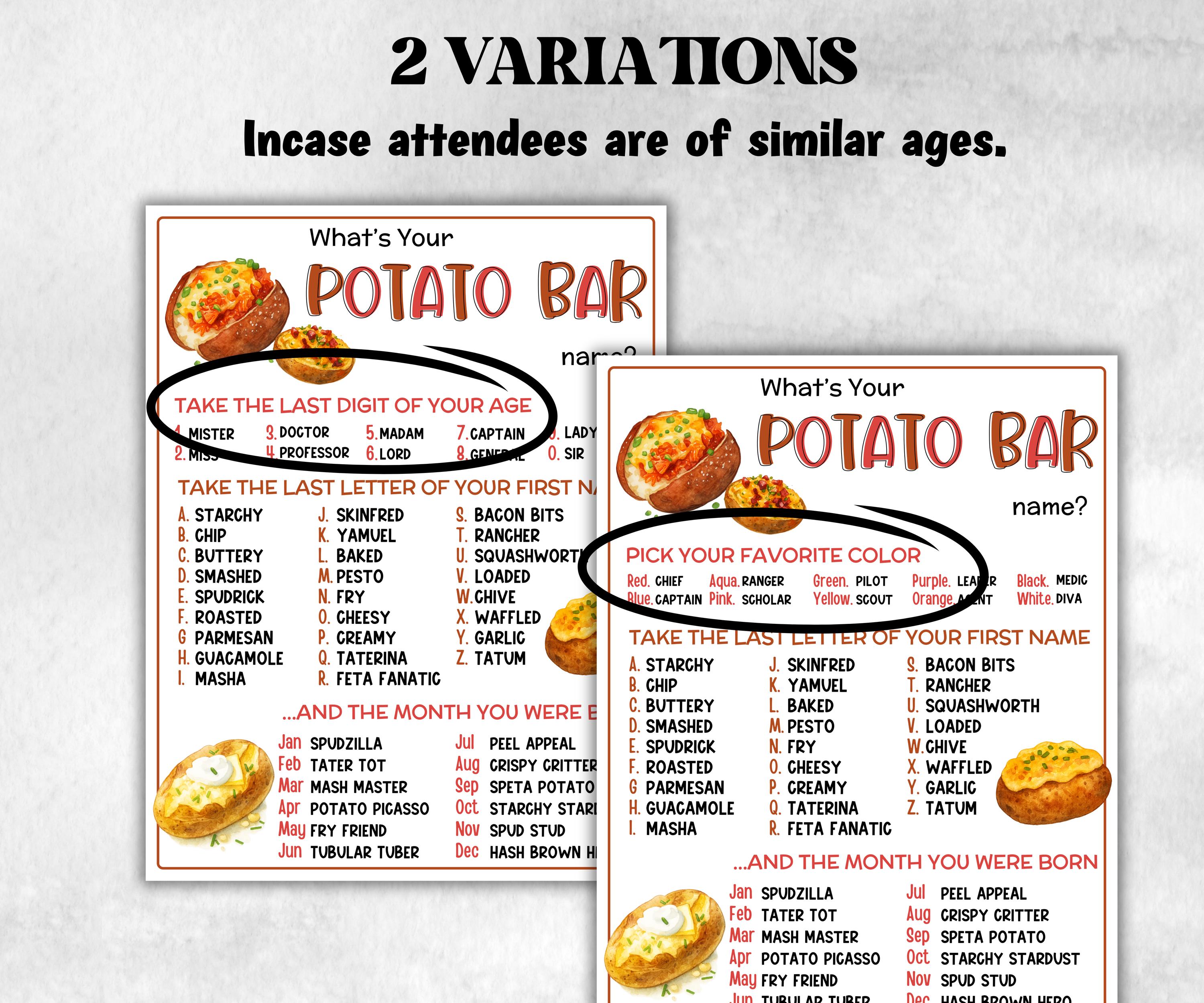 What is your Potato Bar name game, office party, daycare Name board sign, party decoration, Name tag, birthday nickname, Summer Indoor games-Holidays -TheHustlingCatLady-Party Games