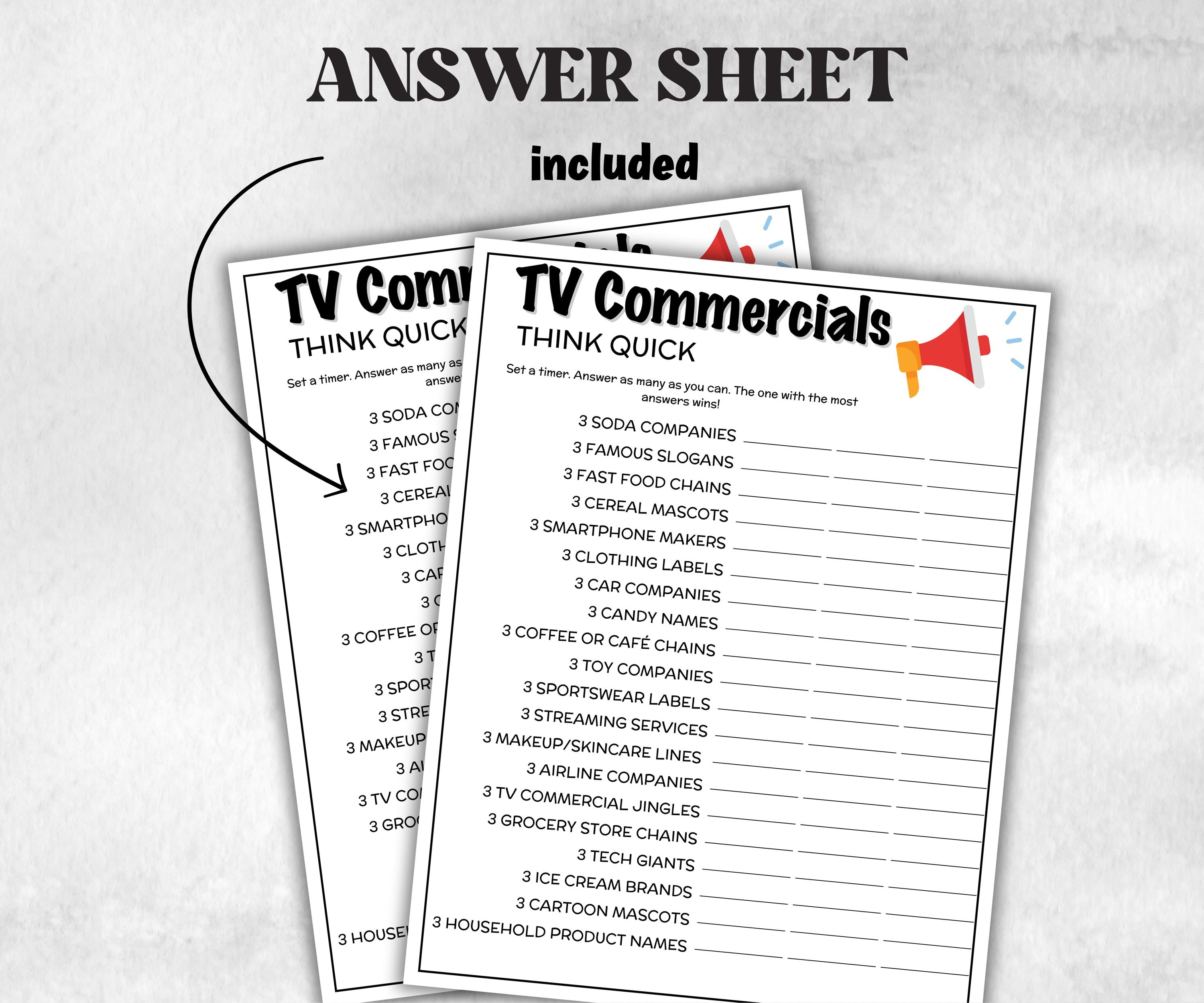 TV Commercial Think Quick Trivia, TV Commercial Quiz, Pop Culture, Family Game Night, Office Party, Kids Teens Adult fun, Trivia Night Party-Holidays -TheHustlingCatLady-Party Games