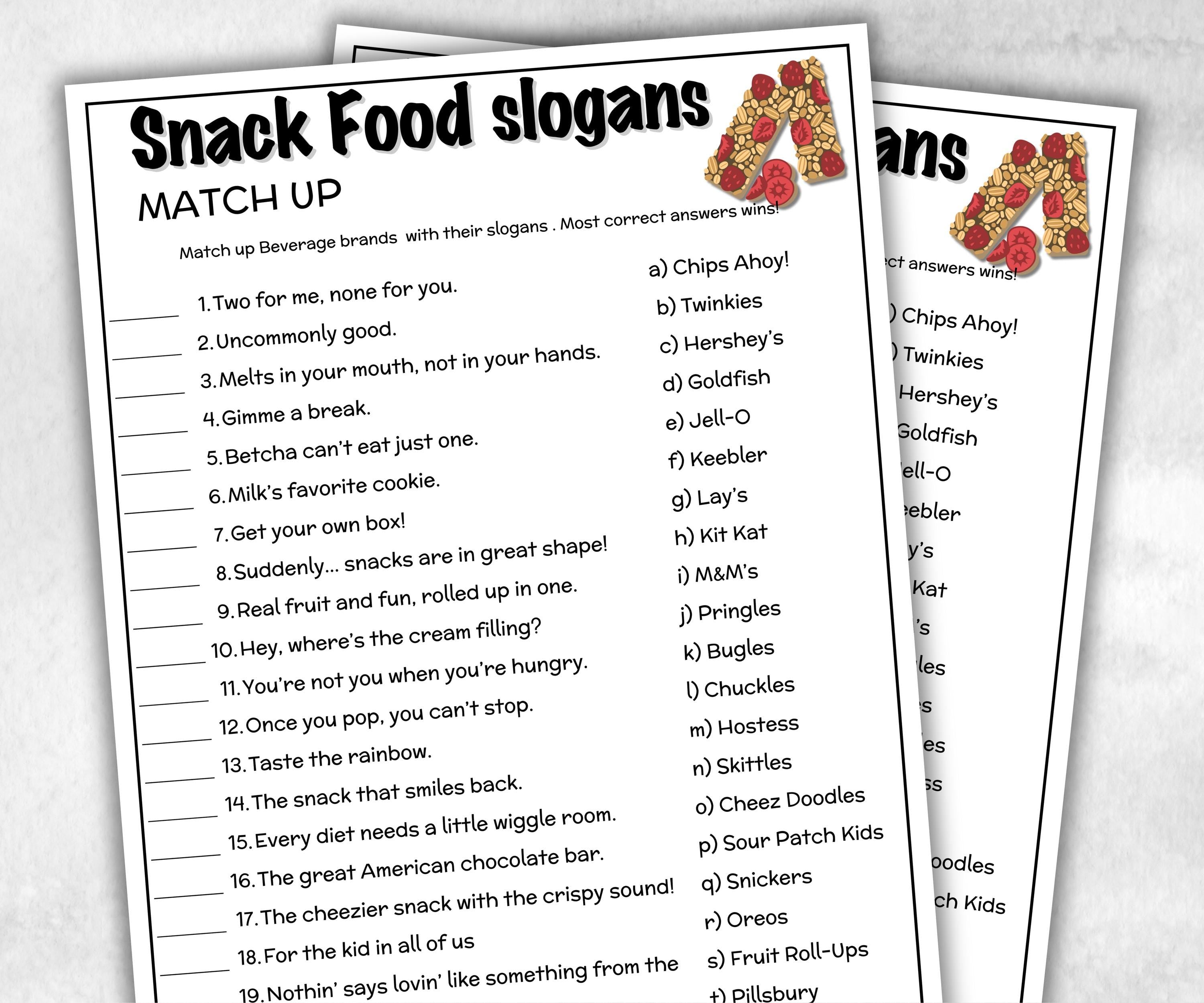 Snack Food Slogan Trivia, TV Commercial Trivia,Soda Drink Office Party, Teens Adult,Ad Slogan Match Up Quiz game, Pizza Burger, Trivia Night-Holidays -TheHustlingCatLady-Party Games