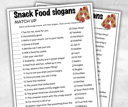 Snack Food Slogan Trivia, TV Commercial Trivia,Soda Drink Office Party, Teens Adult,Ad Slogan Match Up Quiz game, Pizza Burger, Trivia Night-Holidays -TheHustlingCatLady-Party Games