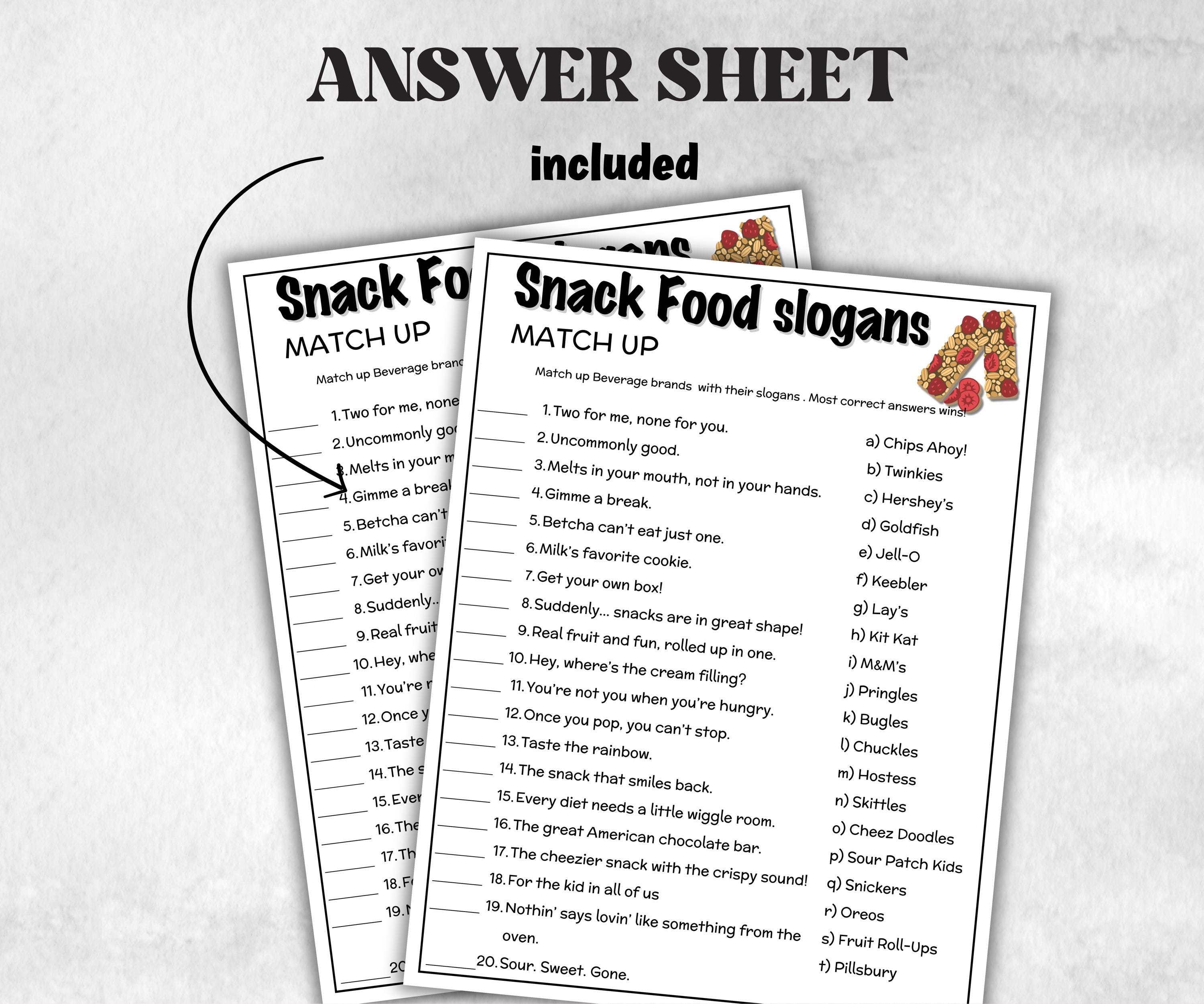Snack Food Slogan Trivia, TV Commercial Trivia,Soda Drink Office Party, Teens Adult,Ad Slogan Match Up Quiz game, Pizza Burger, Trivia Night-Holidays -TheHustlingCatLady-Party Games