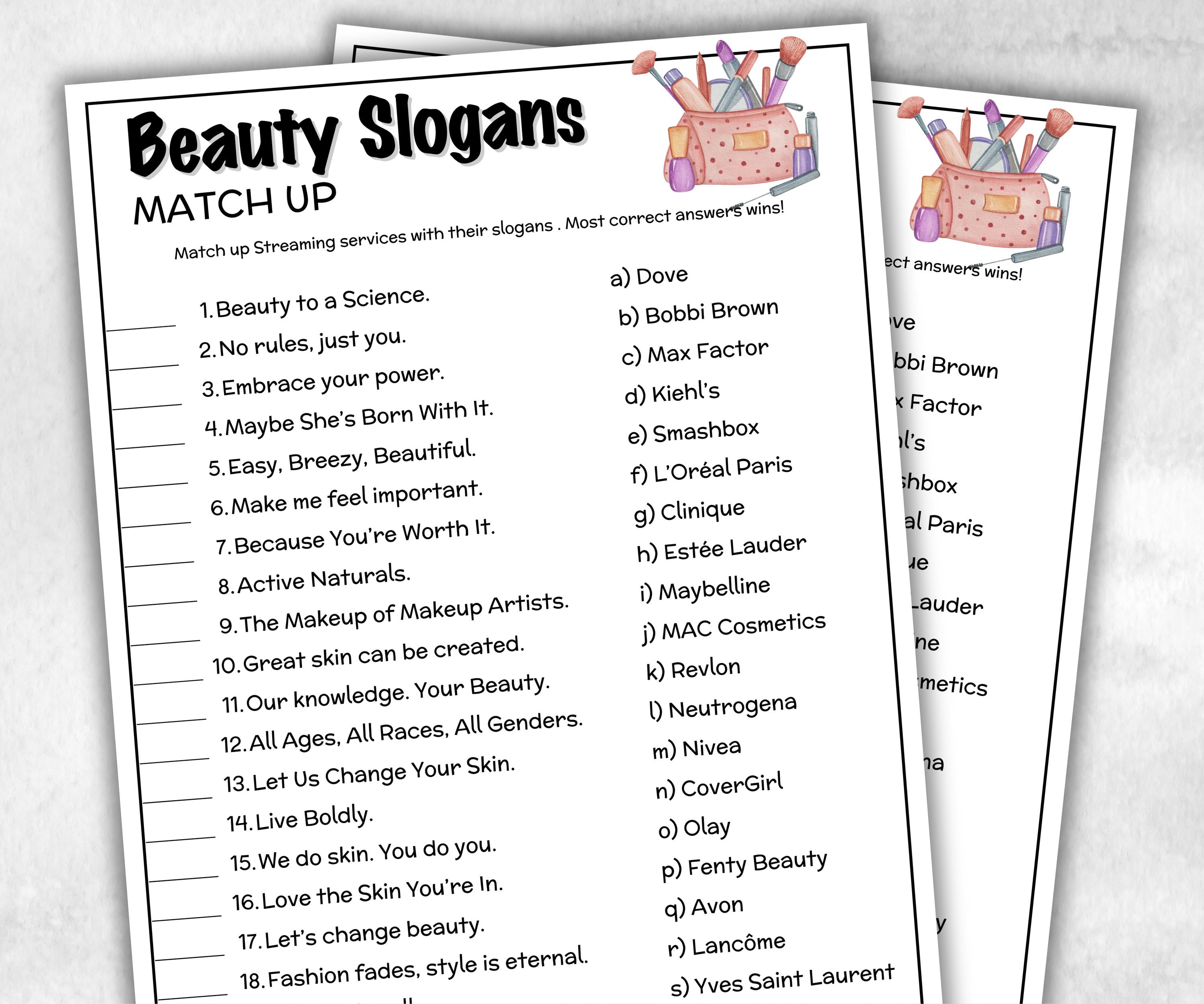 Beauty Slogan Trivia, TV Commercial Trivia, Makeup Office Party, Ad Slogan Match Up Quiz game, Printable Cosmetics Skincare, Trivia Night-Holidays -TheHustlingCatLady-Party Games
