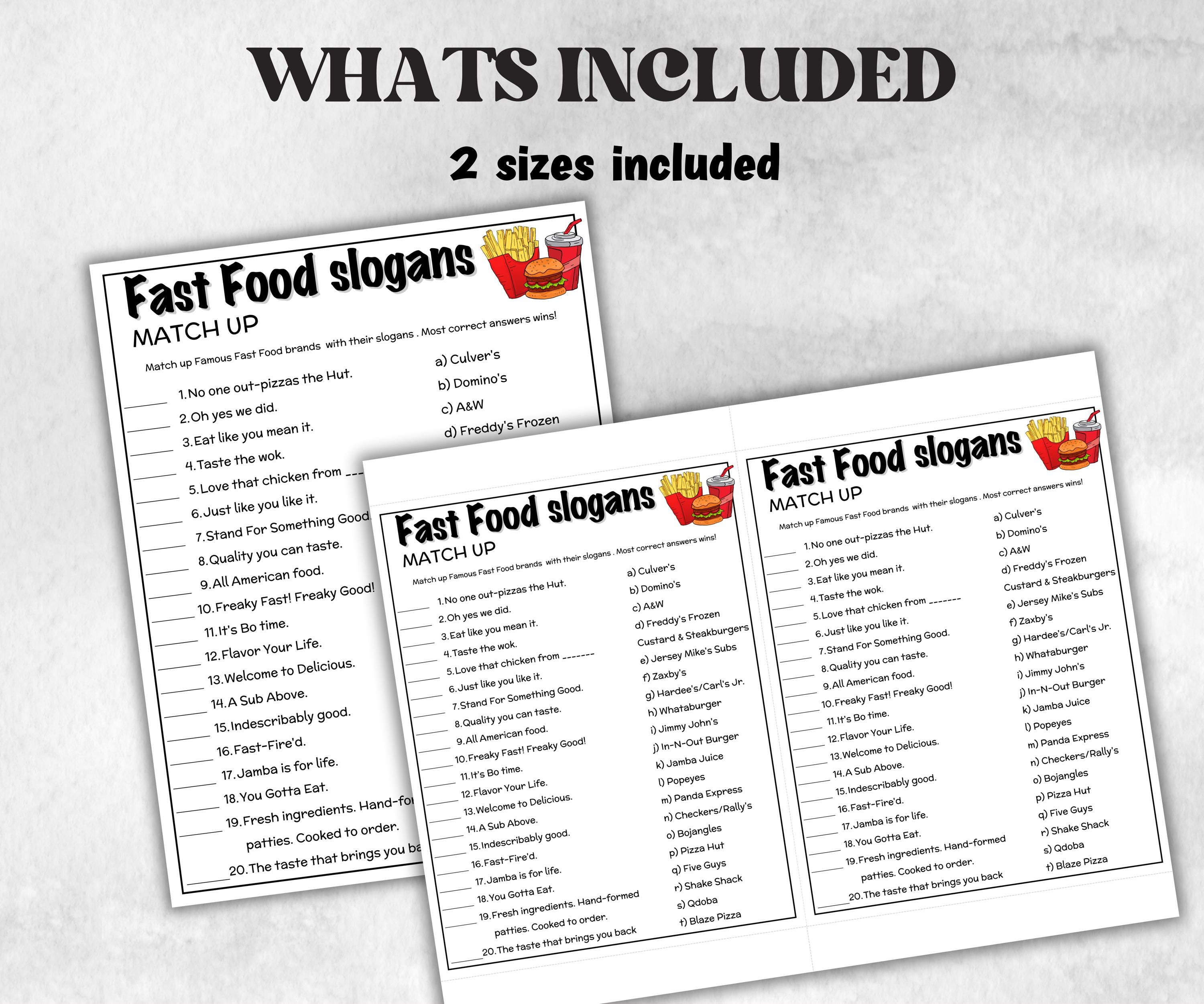 Fast Food Trivia Night, TV Commercial Trivia,Soda Drink Office Party, Teens Adult,Ad Slogan Match Up Quiz game, Pizza Burger Slogan Trivia-Holidays -TheHustlingCatLady-Party Games