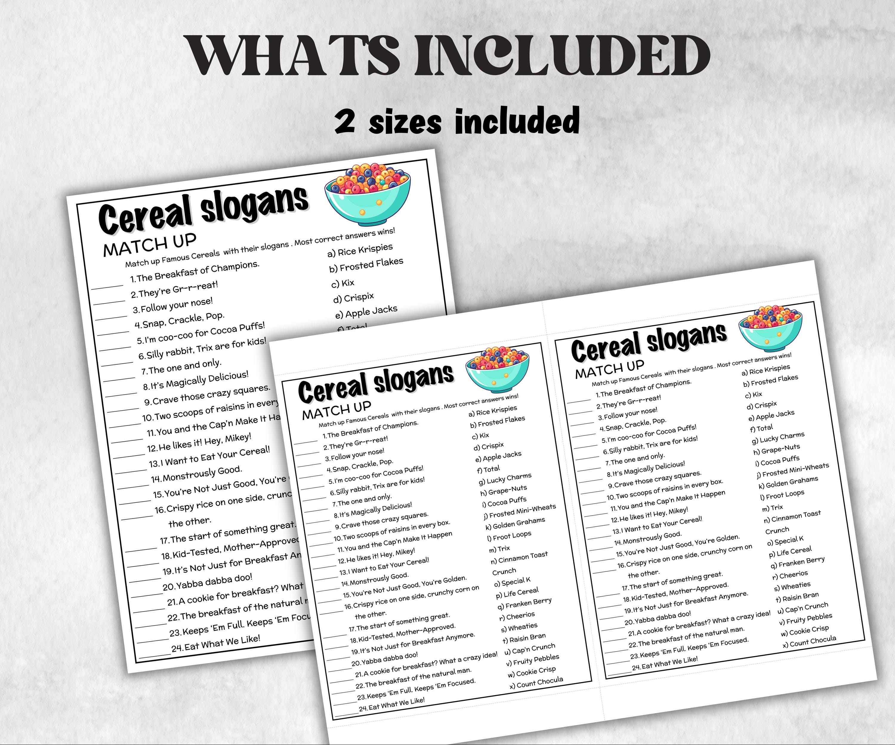 Cereal Trivia Night, TV Commercial Trivia, Ad Slogan Office Party, Teens Adult, Ad Slogan Match Up Quiz game, Trivia Night, Breakfast Slogan-Holidays -TheHustlingCatLady-Party Games