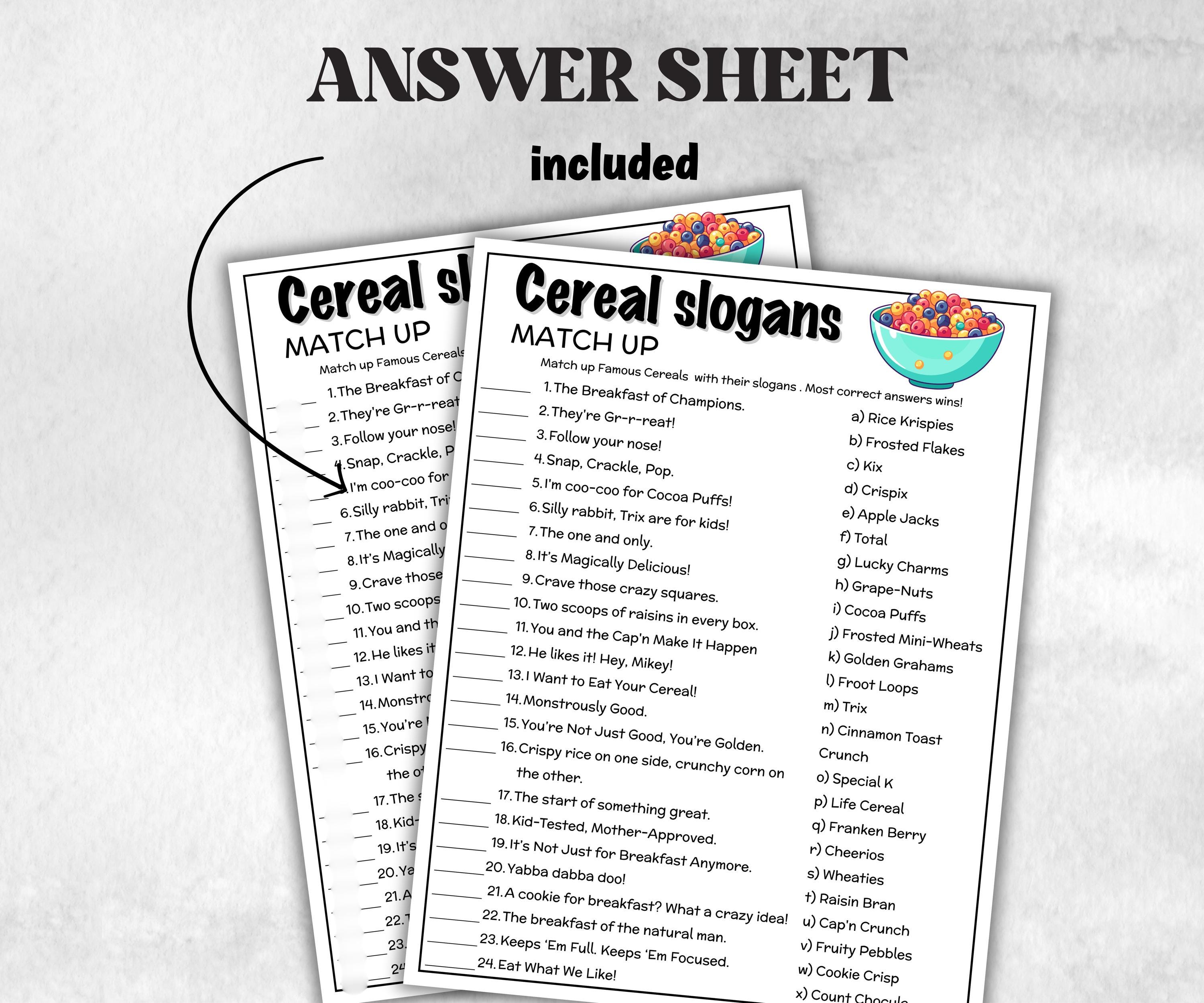 Cereal Trivia Night, TV Commercial Trivia, Ad Slogan Office Party, Teens Adult, Ad Slogan Match Up Quiz game, Trivia Night, Breakfast Slogan-Holidays -TheHustlingCatLady-Party Games