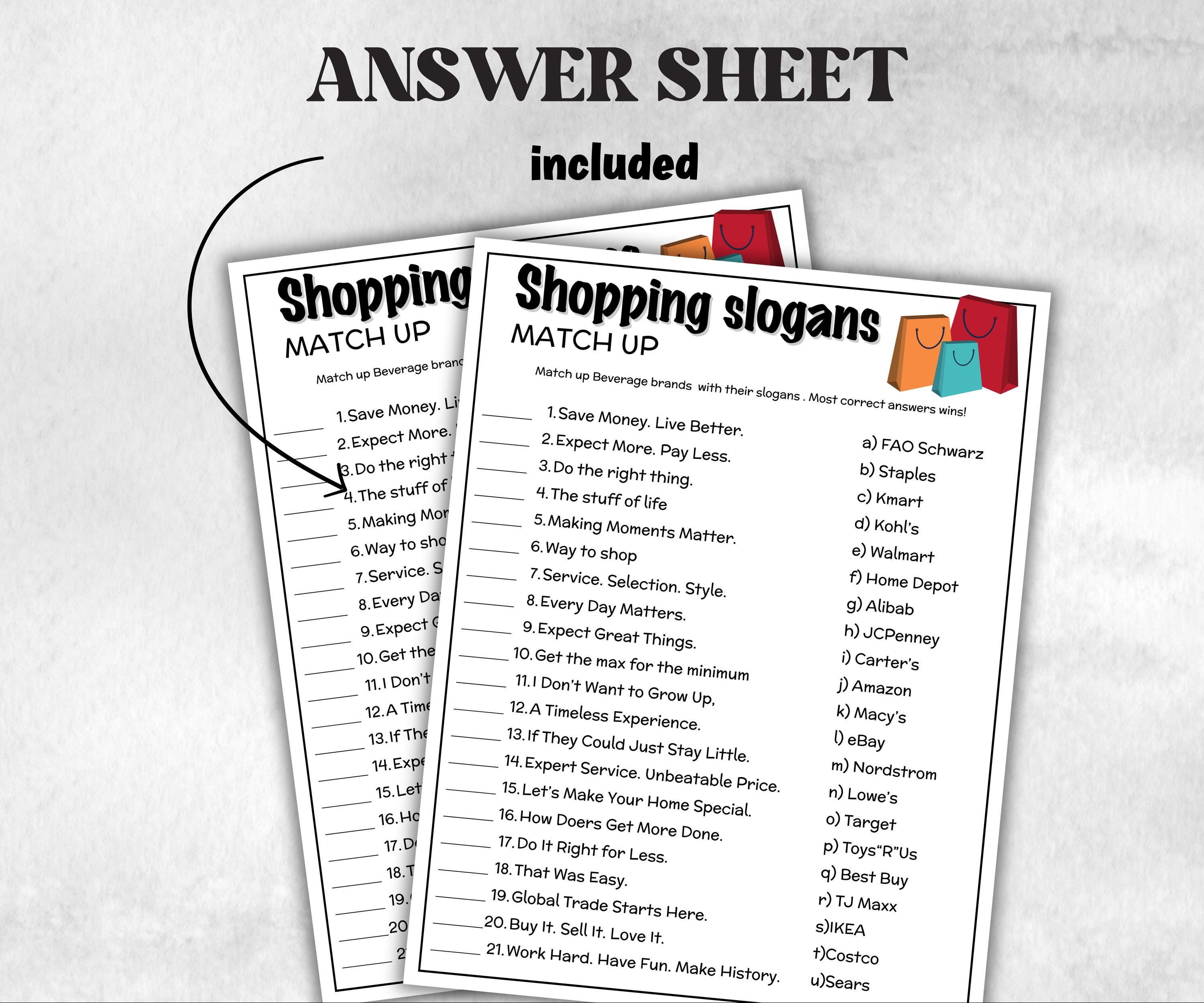 Shopping Slogan Trivia, TV Commercial Trivia, Office Party, Teens Adult, Ad Slogan Match Up Quiz game, Brand Daily Shopping Trivia, Birthday-Holidays -TheHustlingCatLady-Party Games
