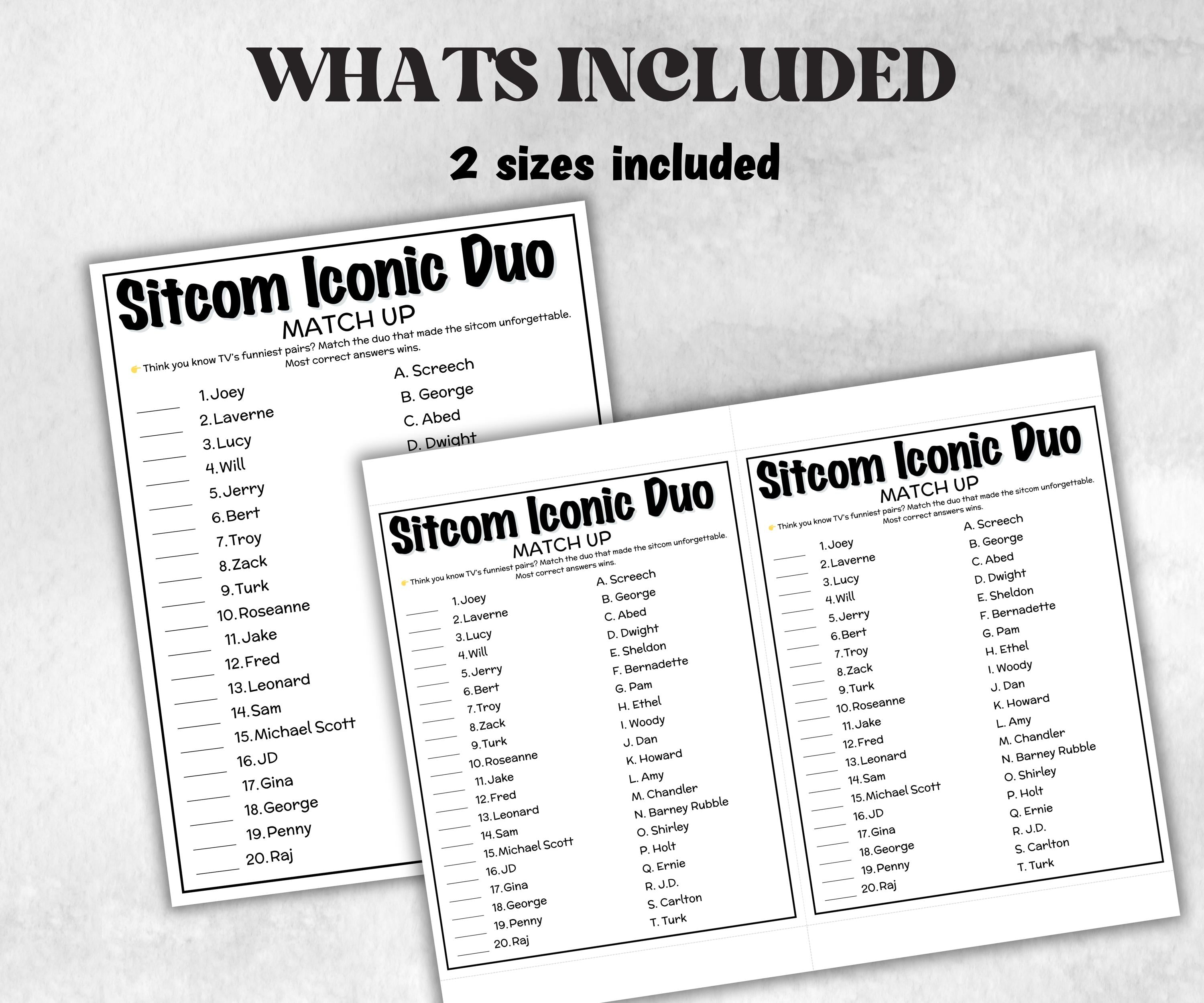 Iconic Sitcom TV Duo Match trivia party Game, Sitcom Trivia Quiz, Senior Game night, family activity, Friendsgiving, friends trivia night-Holidays -TheHustlingCatLady-Party Games