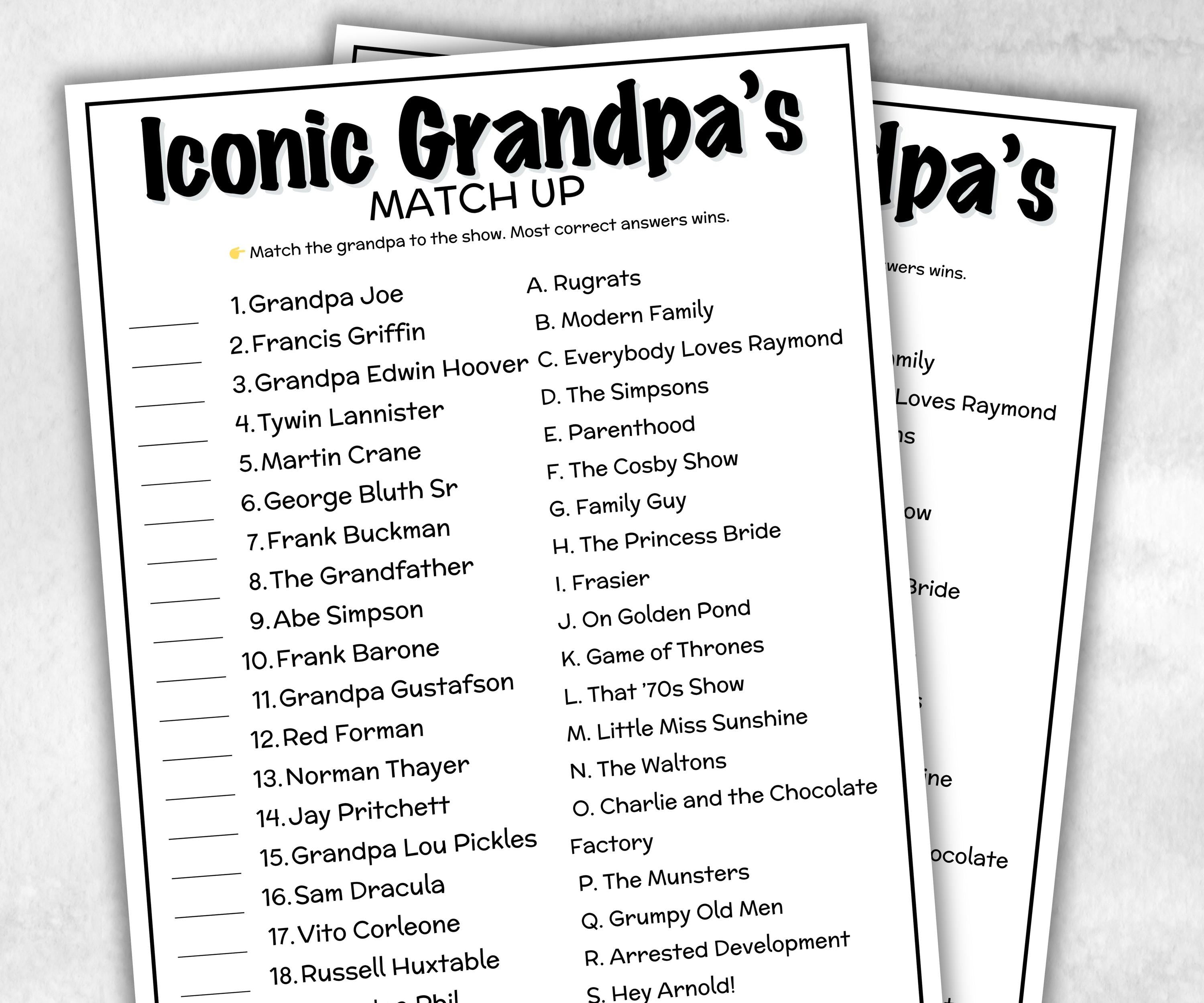 Iconic Sitcom Grandpas Match up, party Game, Trivia Quiz, Senior Game night, family activity, Friendsgiving, Grandparents Day, Fathers day-Holidays -TheHustlingCatLady-Party Games