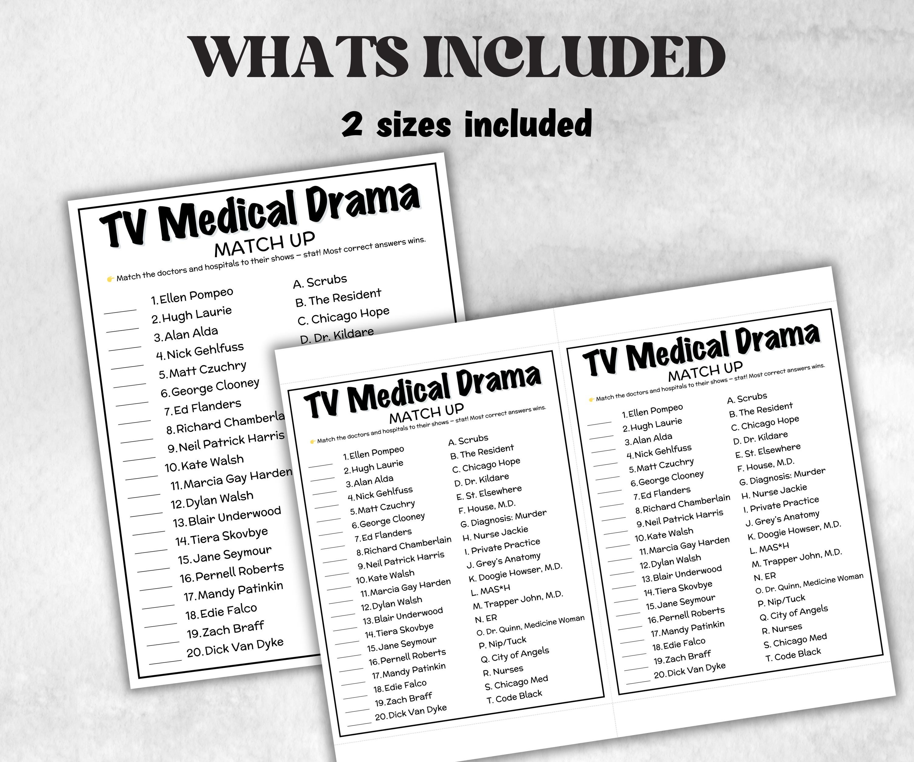 Iconic Sitcom Medical Drama Match up, trivia party Game, Sitcom Trivia Quiz, Senior Game night, family activity, Nurse Doctor Hospital games-Holidays -TheHustlingCatLady-Party Games