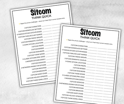 TV Sitcom Think Quick trivia, Trivia Quiz, family activity, Friendsgiving, xmas family reunion, tv show theme trivia, television throwback-Holidays -TheHustlingCatLady-Party Games