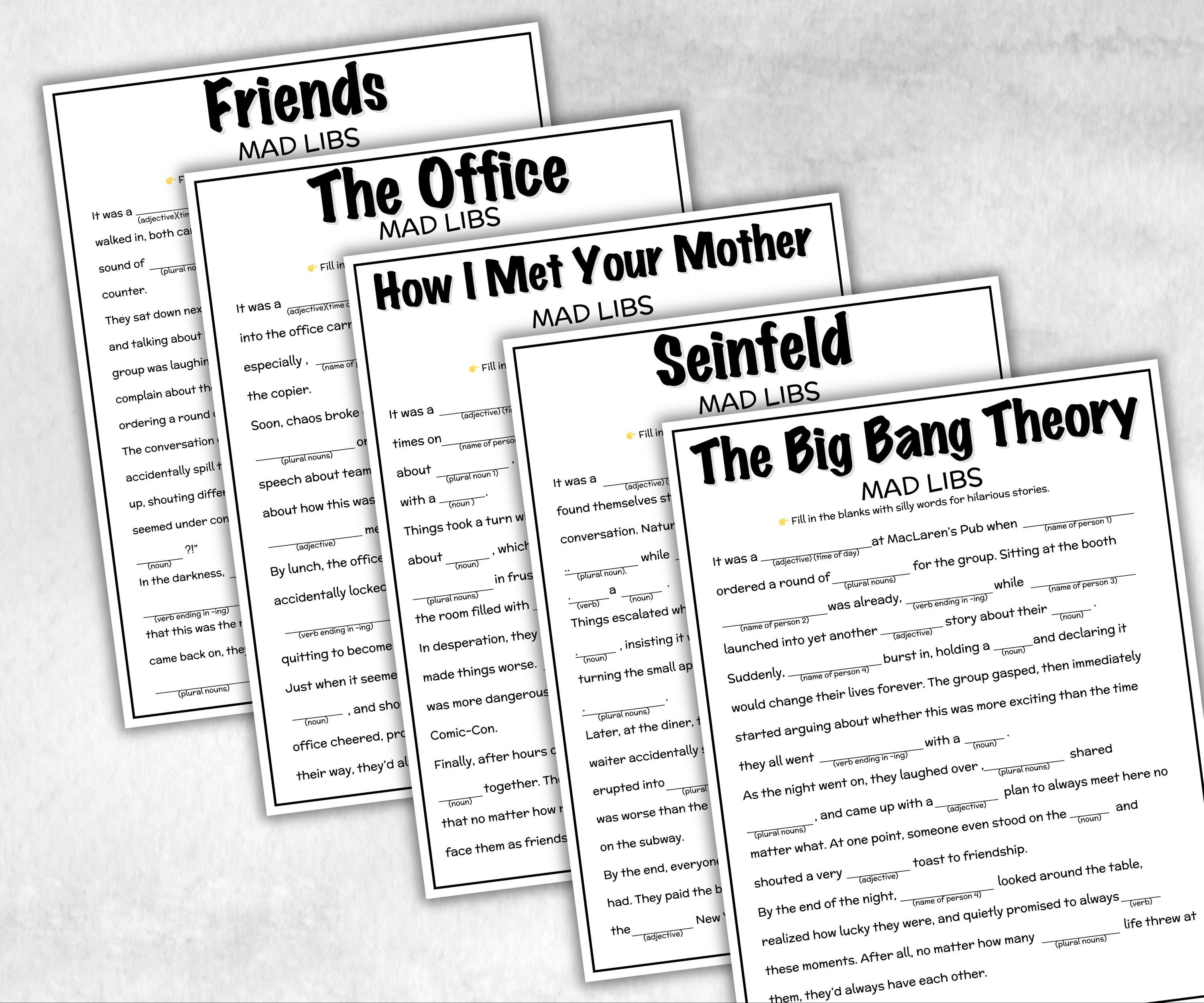 TV Sitcom Madlibs, Friends trivia party Game, Sitcom Trivia Quiz, Senior Game night, family activity, Friendsgiving, tv show theme, Madlibs-Holidays -TheHustlingCatLady-Party Games