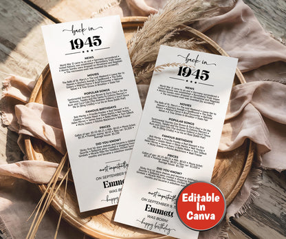 80th Birthday Place Cards, Back in 1945 News, Editable 80th BDay Party Decorations, Born in 1945 Table Cards, Birthday Gift for Her for Him-Holidays -TheHustlingCatLady-Party Games