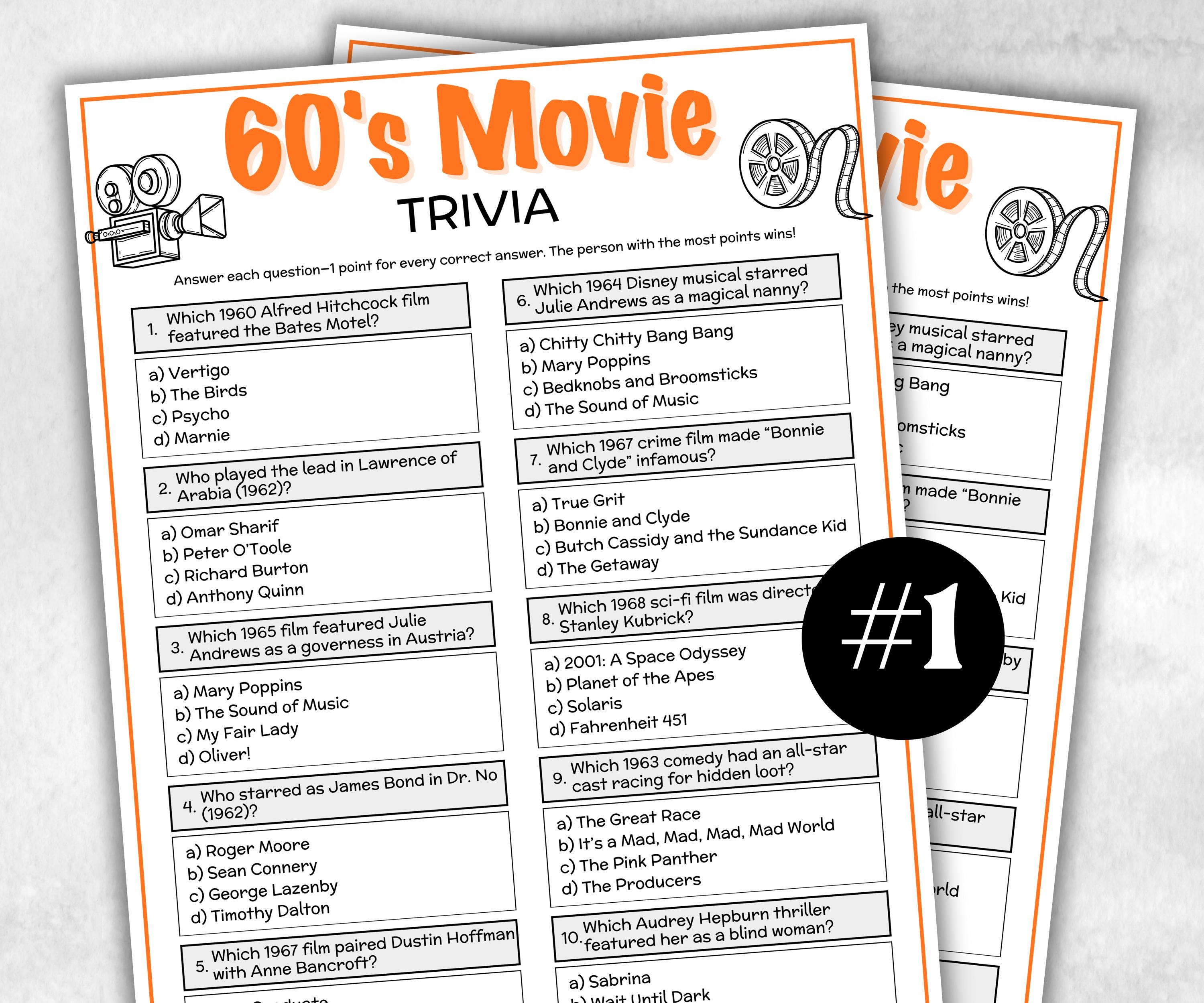 1960s Movie Trivia Game, Decades Movie Quiz, Silver Screen Movie Quote Trivia, 65th Birthday, senior game Night, Movie Award Ceremony Party-Holidays -TheHustlingCatLady-Party Games