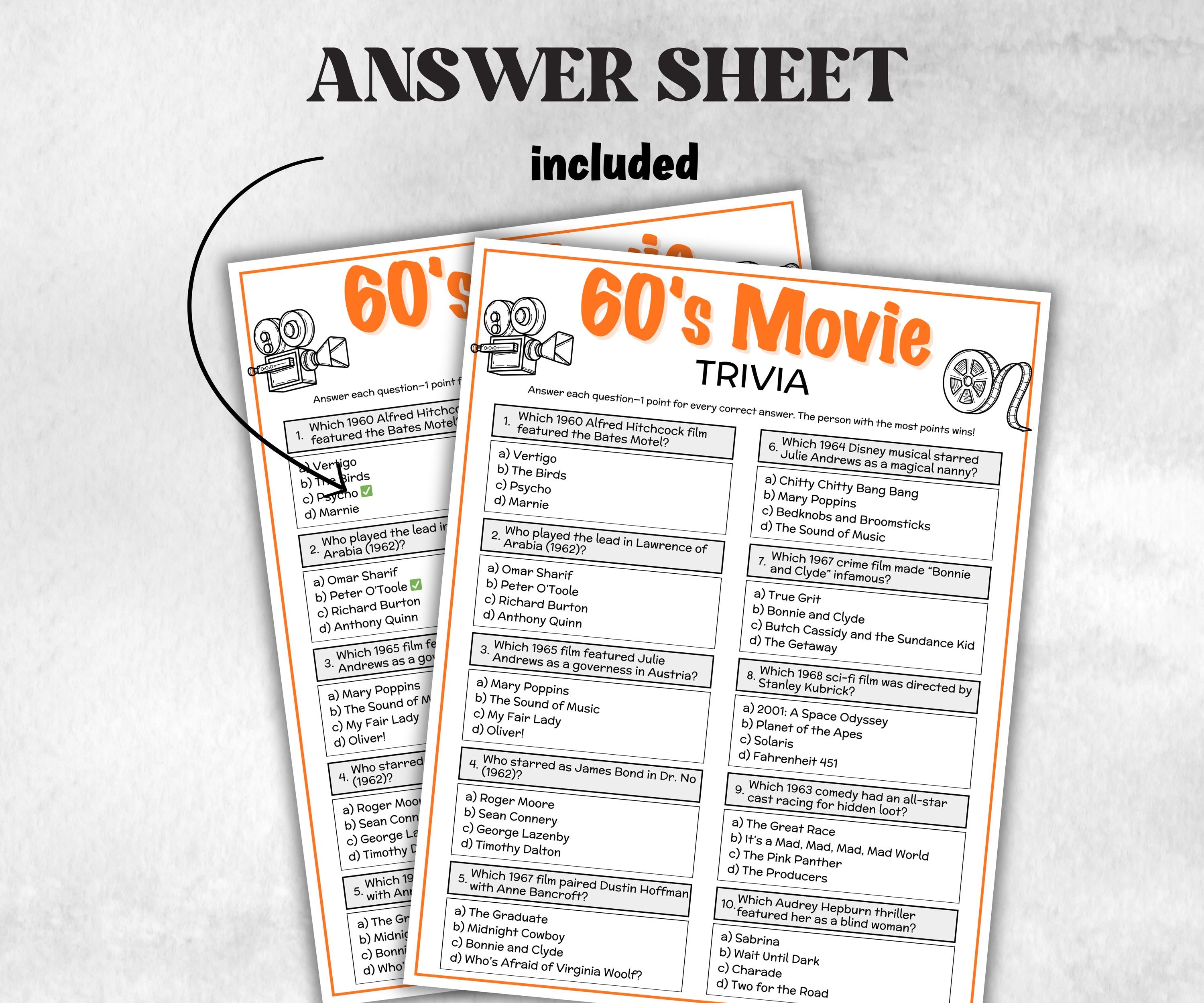 1960s Movie Trivia Game, Decades Movie Quiz, Silver Screen Movie Quote Trivia, 65th Birthday, senior game Night, Movie Award Ceremony Party-Holidays -TheHustlingCatLady-Party Games