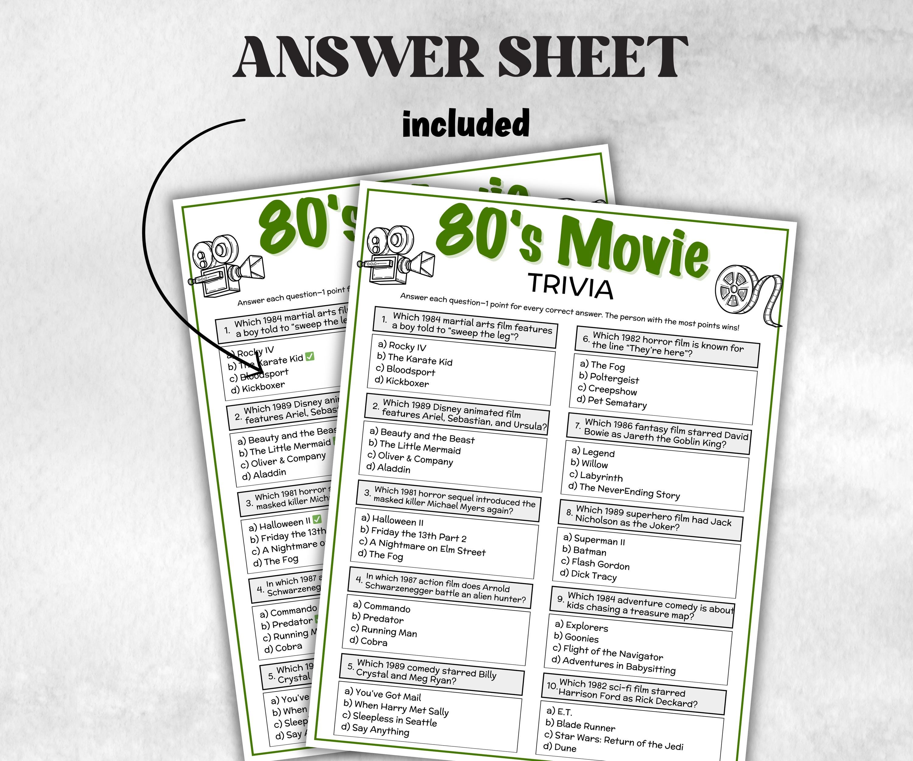 1980s Movie Trivia Game, Decades Movie Quiz, Silver Screen Movie Quote Trivia, 40th Birthday, senior game Night, Movie Award Ceremony Party-Holidays -TheHustlingCatLady-Party Games