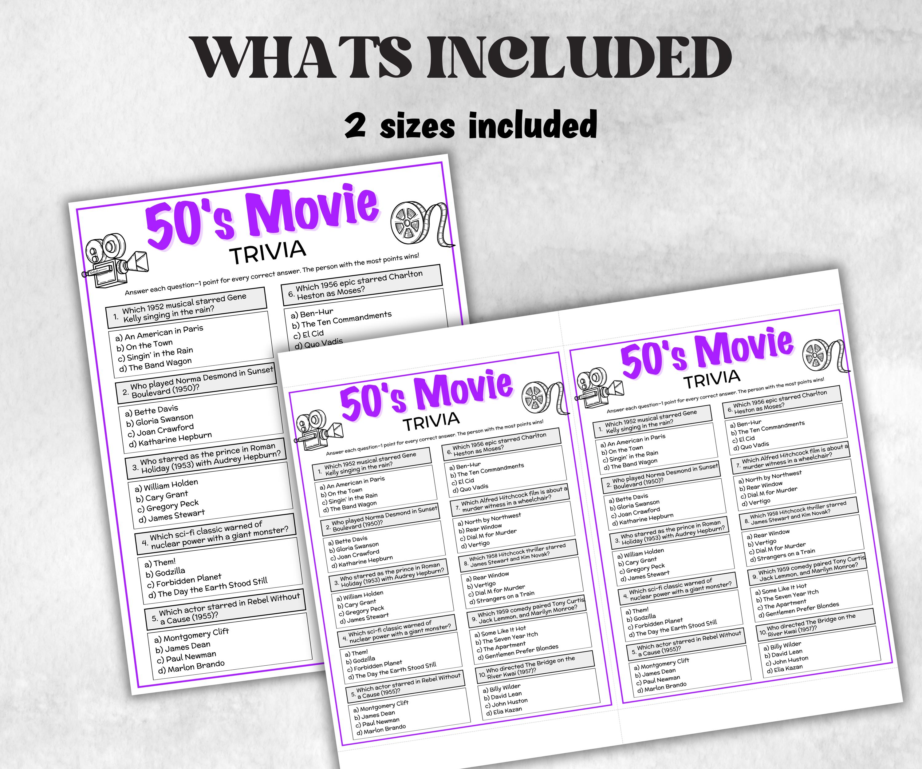 1950s Movie Trivia Game, Decades Movie Quiz, Silver Screen Movie Quote Trivia, 75th Birthday, senior game Night, Movie Award Ceremony Party-Holidays -TheHustlingCatLady-Party Games