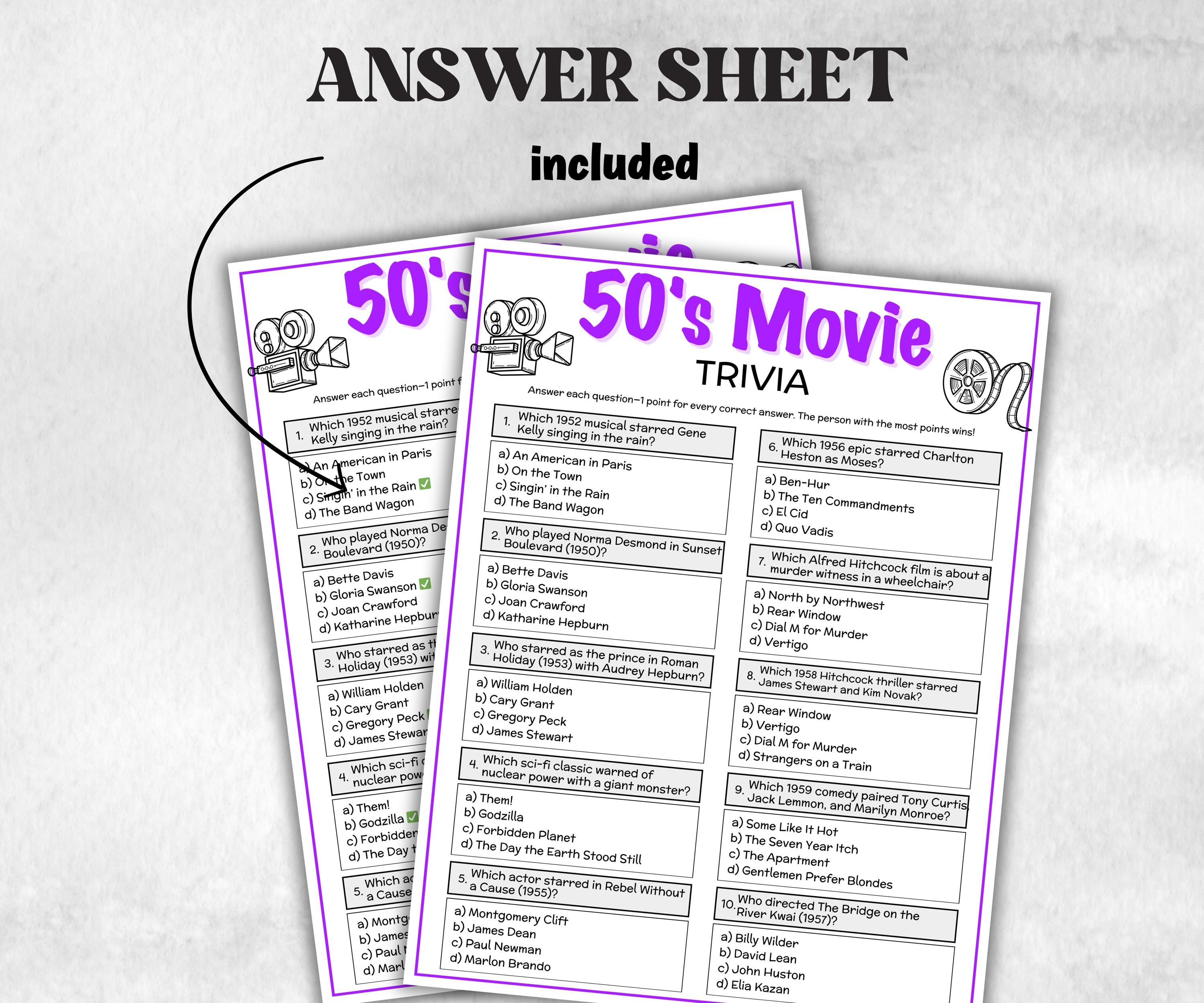 1950s Movie Trivia Game, Decades Movie Quiz, Silver Screen Movie Quote Trivia, 75th Birthday, senior game Night, Movie Award Ceremony Party-Holidays -TheHustlingCatLady-Party Games