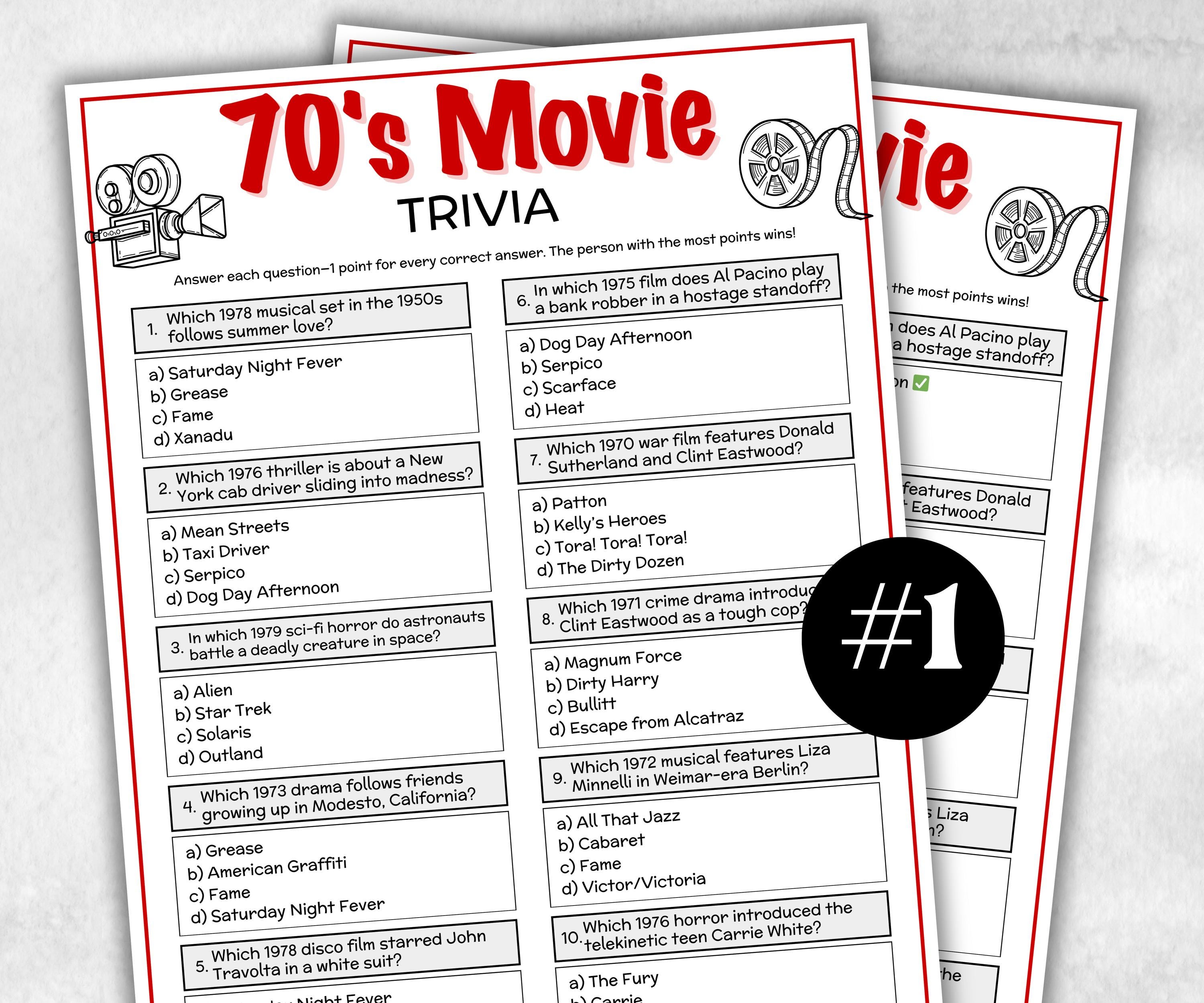 1970s Movie Trivia Game, Decades Movie Quiz, Silver Screen Movie Quote Trivia, 50th Birthday, senior game Night, Movie Award Ceremony Party-Holidays -TheHustlingCatLady-Party Games