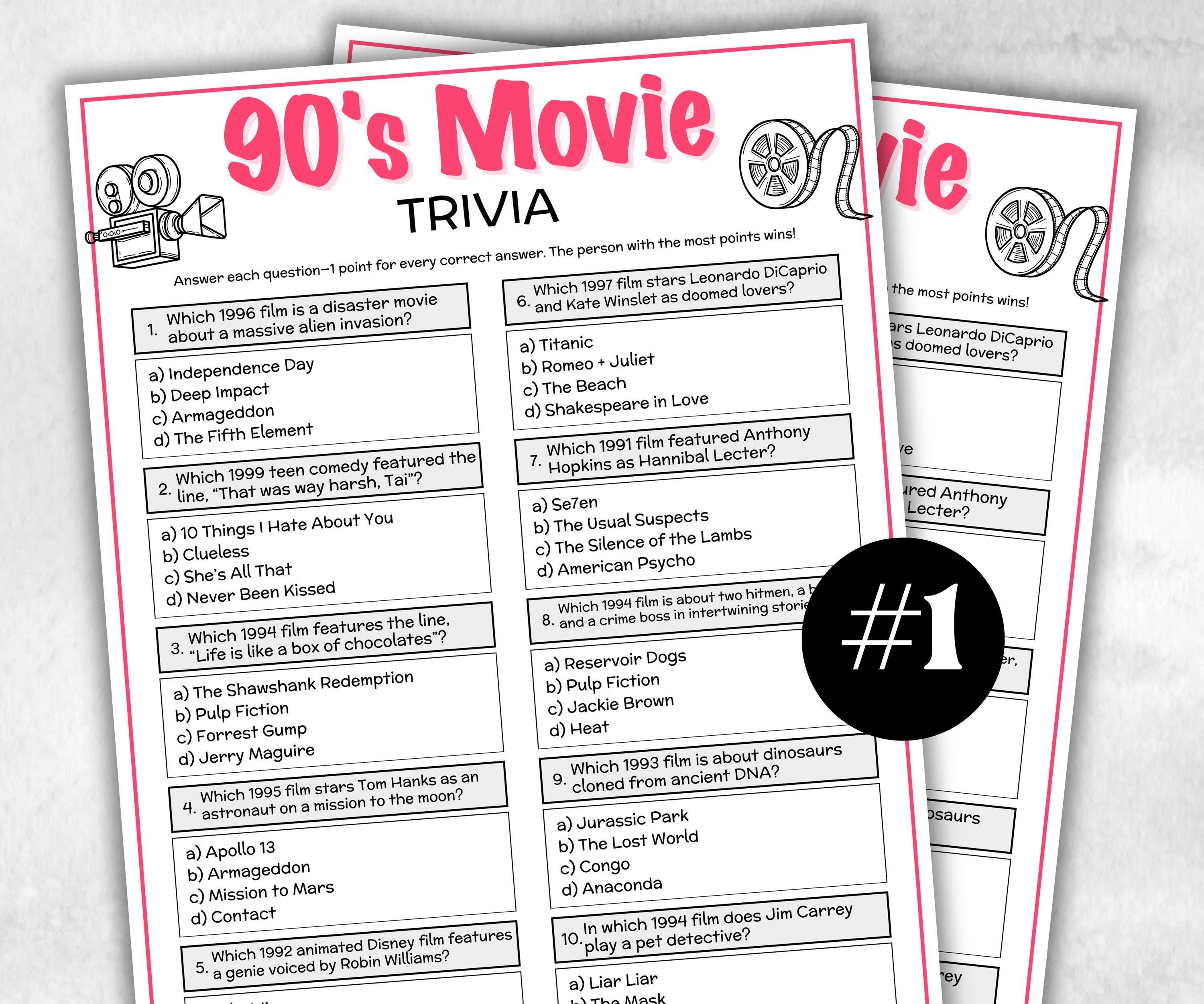 1990s Movie Trivia Game, Decades Movie Quiz, Silver Screen Movie Quote Trivia, 30th birthday party, Family Movie Night, Award Ceremony Party-Holidays -TheHustlingCatLady-Party Games