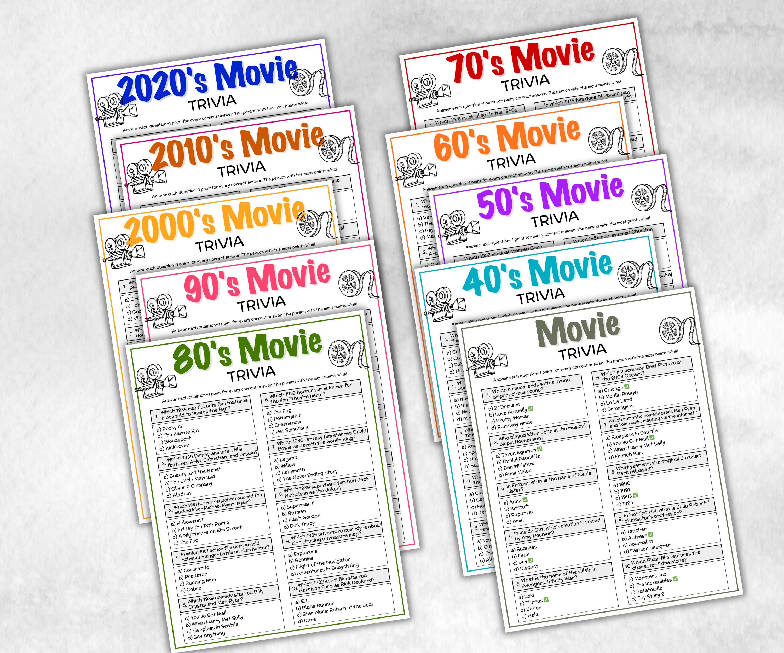 Decades Movie Trivia Bundle, kid teen adult Movie Quiz, Silver Screen Movie Quote Trivia, Birthday party, Movie Award Ceremony, group game-Holidays -TheHustlingCatLady-Party Games