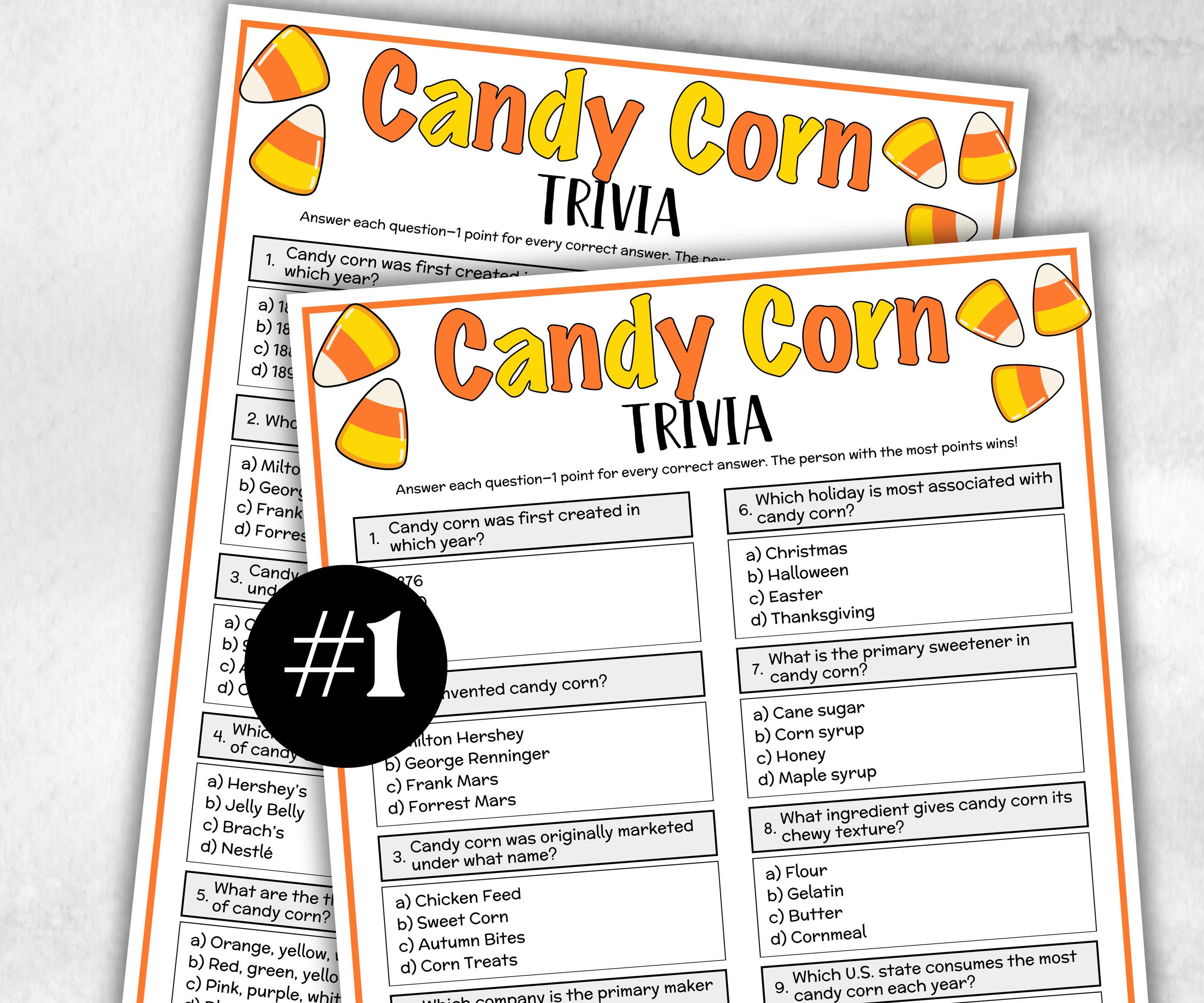 Printable Candy Corn Trivia, Halloween Fall Theme Birthday Activity, Seniors Trivia Game Night, Family Reunion, Ladies night summer Spring-Holidays -TheHustlingCatLady-Party Games