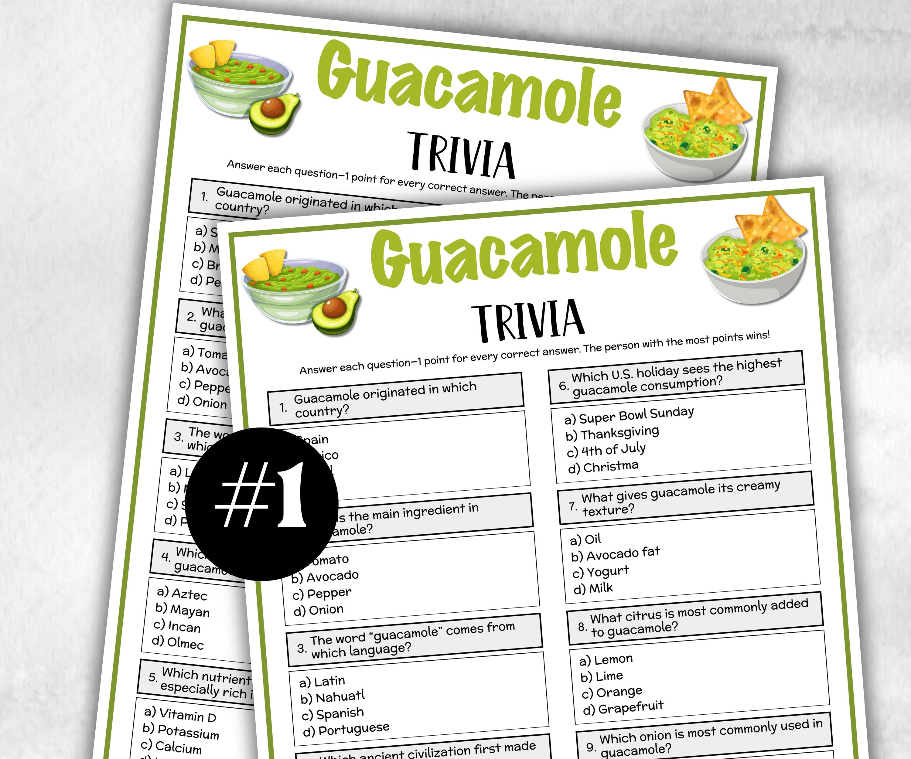 Printable Guacamole Trivia, Mexican Fiesta Fun Theme Birthday Activity, Seniors Trivia Night, Family Reunion, Spanish Fiesta, Cinco De Mayo-Holidays -TheHustlingCatLady-Party Games