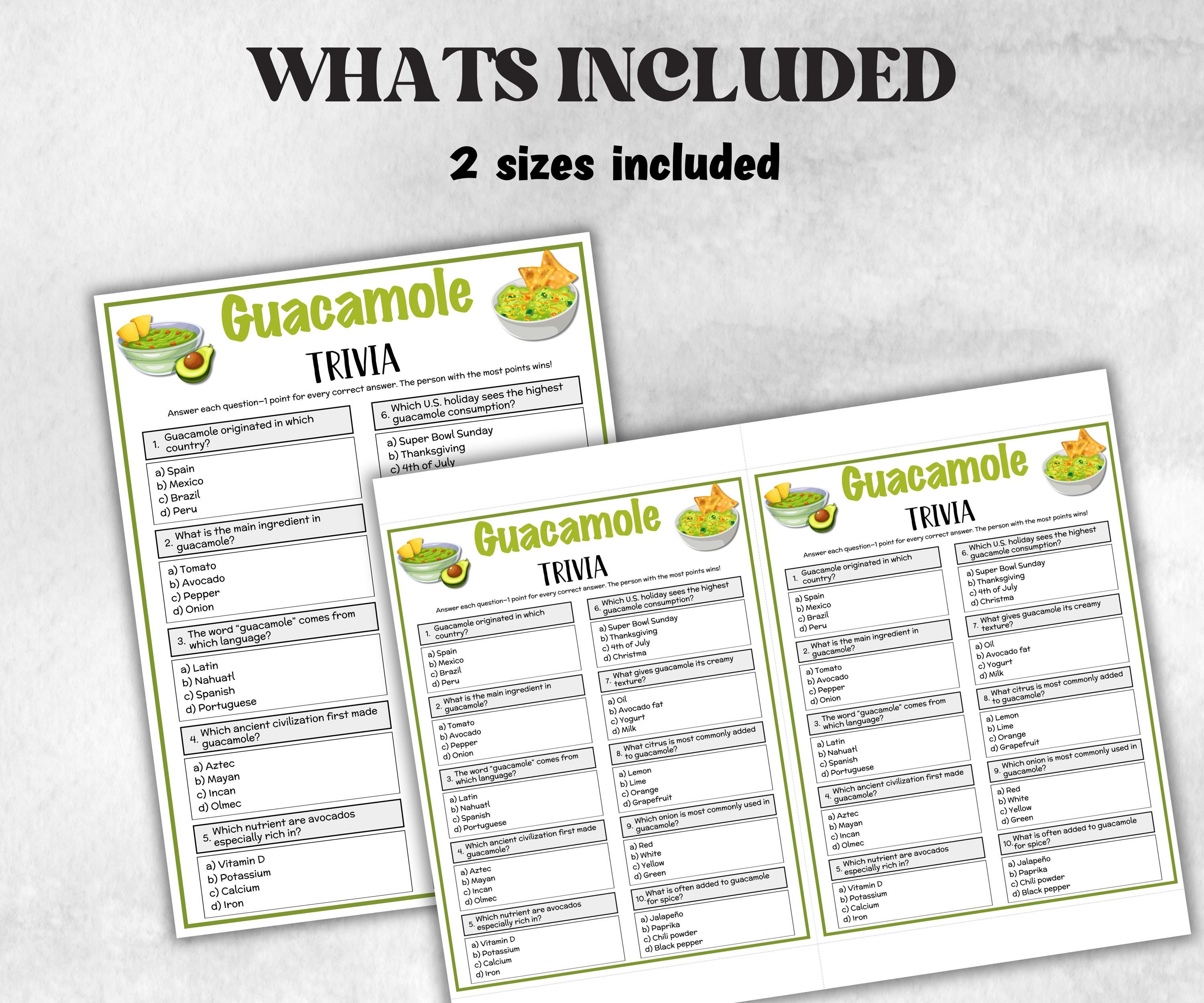 Printable Guacamole Trivia, Mexican Fiesta Fun Theme Birthday Activity, Seniors Trivia Night, Family Reunion, Spanish Fiesta, Cinco De Mayo-Holidays -TheHustlingCatLady-Party Games