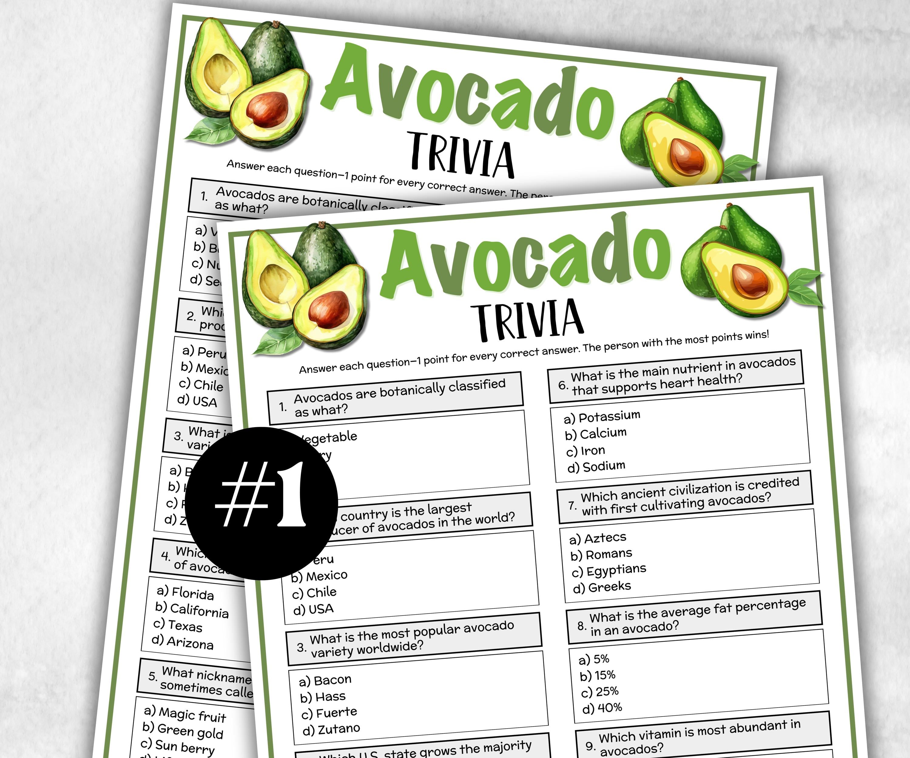 Printable Avacado Trivia, Mexican Fiesta Fun Theme Birthday Activity, Seniors Trivia Night, National Avocado Day, Spanish, Cinco De Mayo-Holidays -TheHustlingCatLady-Party Games