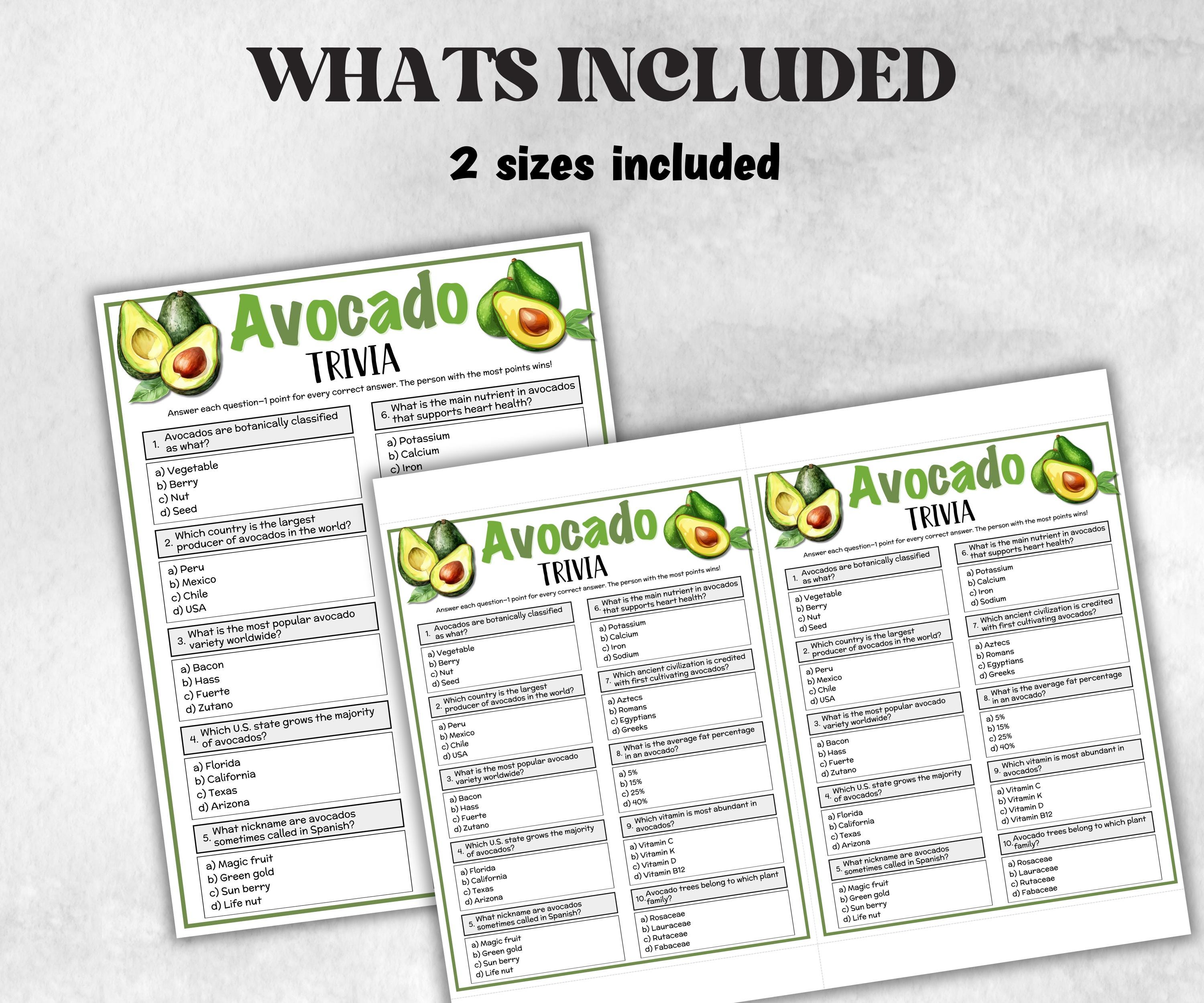 Printable Avacado Trivia, Mexican Fiesta Fun Theme Birthday Activity, Seniors Trivia Night, National Avocado Day, Spanish, Cinco De Mayo-Holidays -TheHustlingCatLady-Party Games