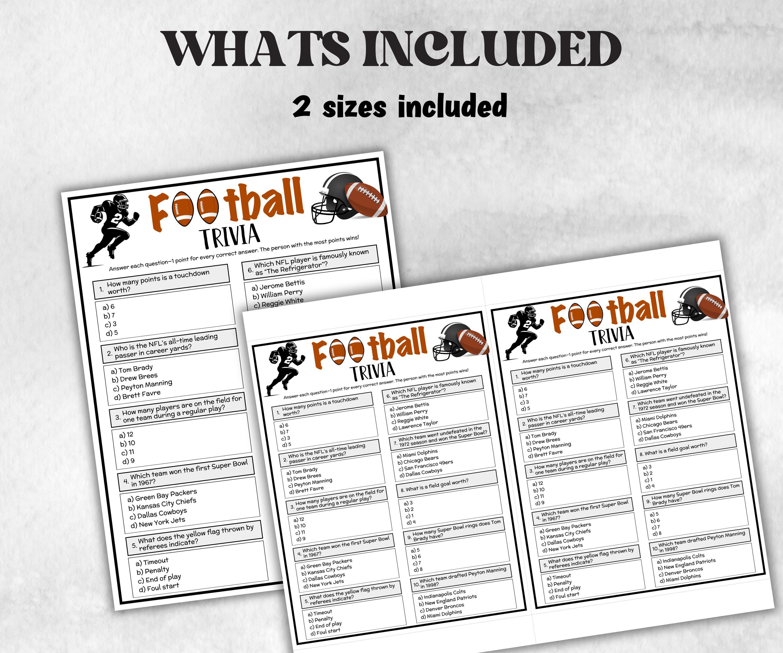 Printable Football Trivia, Sports Themed Birthday, Super bowl Squares party, Athletic Game, summer Spring fall, reunion, football playoff-Holidays -TheHustlingCatLady-Party Games