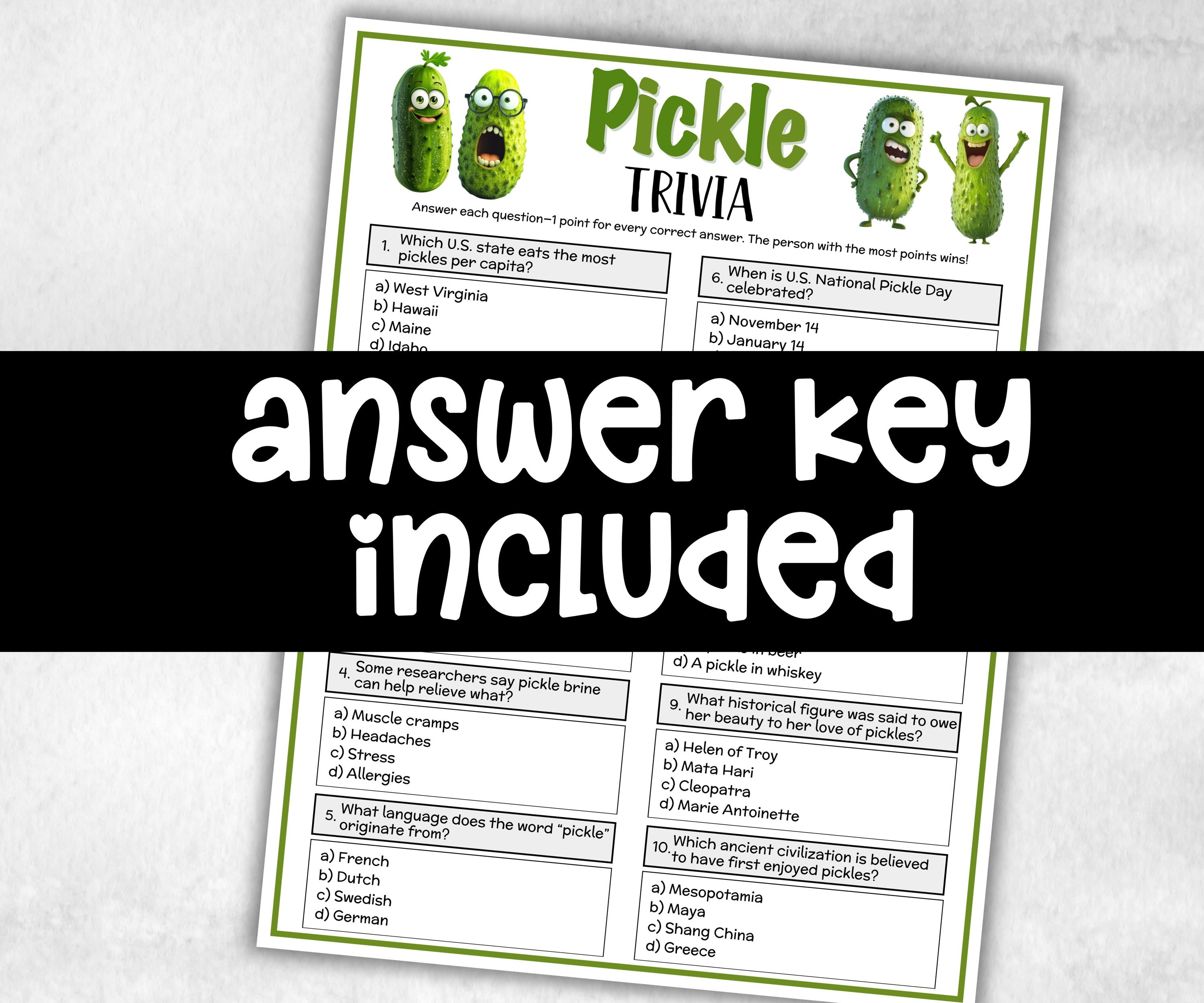 Printable Pickle Trivia, Support Pickle Theme Birthday, Seniors Trivia Night, summer Spring, dill with it, Sunday School, Women Ministry-Holidays -TheHustlingCatLady-Party Games