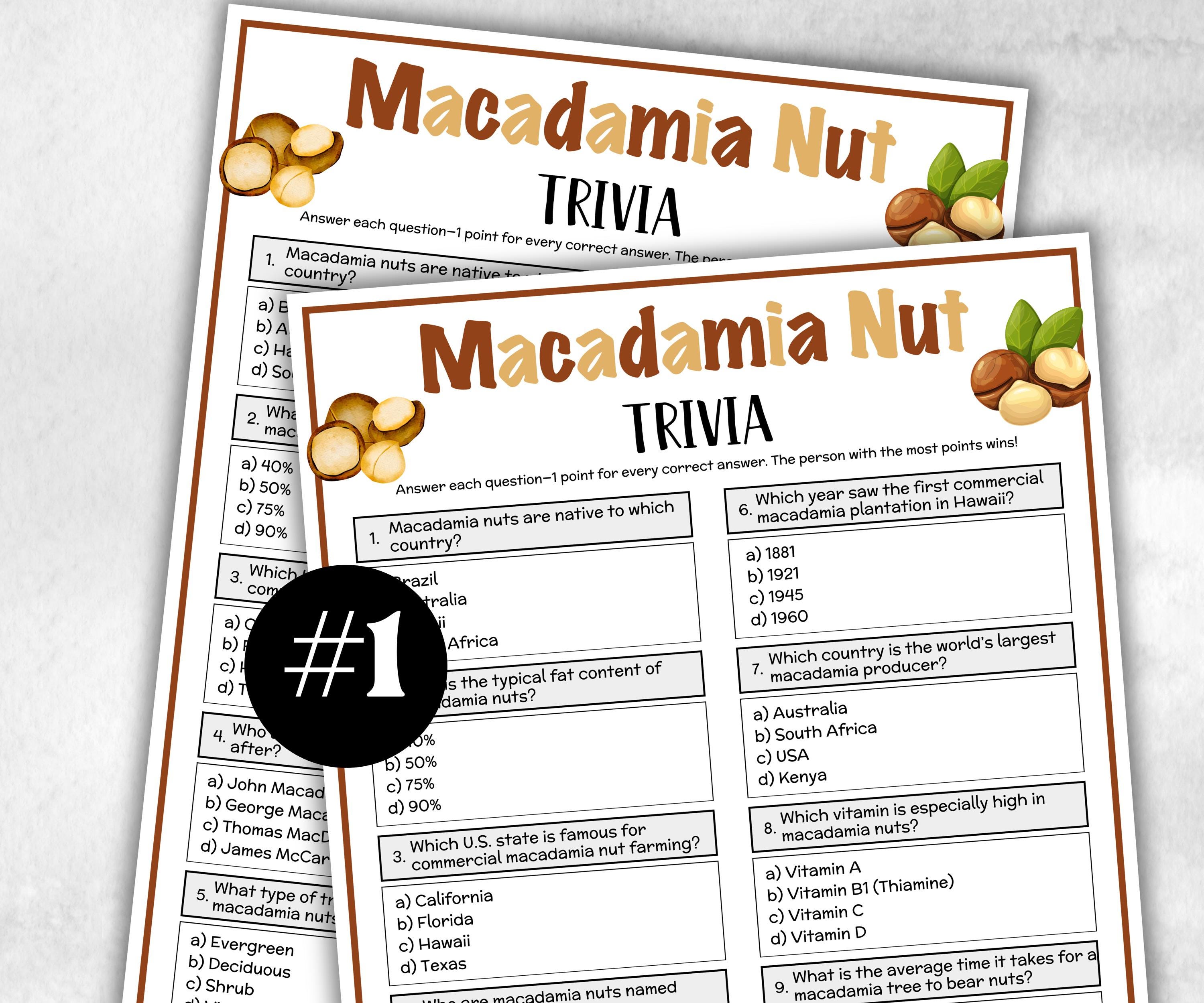 Printable Macadamia Nut Trivia, Nut Theme Birthday, Seniors Trivia, summer Spring, Sunday School, Women Ministry Church, National nut day-Holidays -TheHustlingCatLady-Party Games