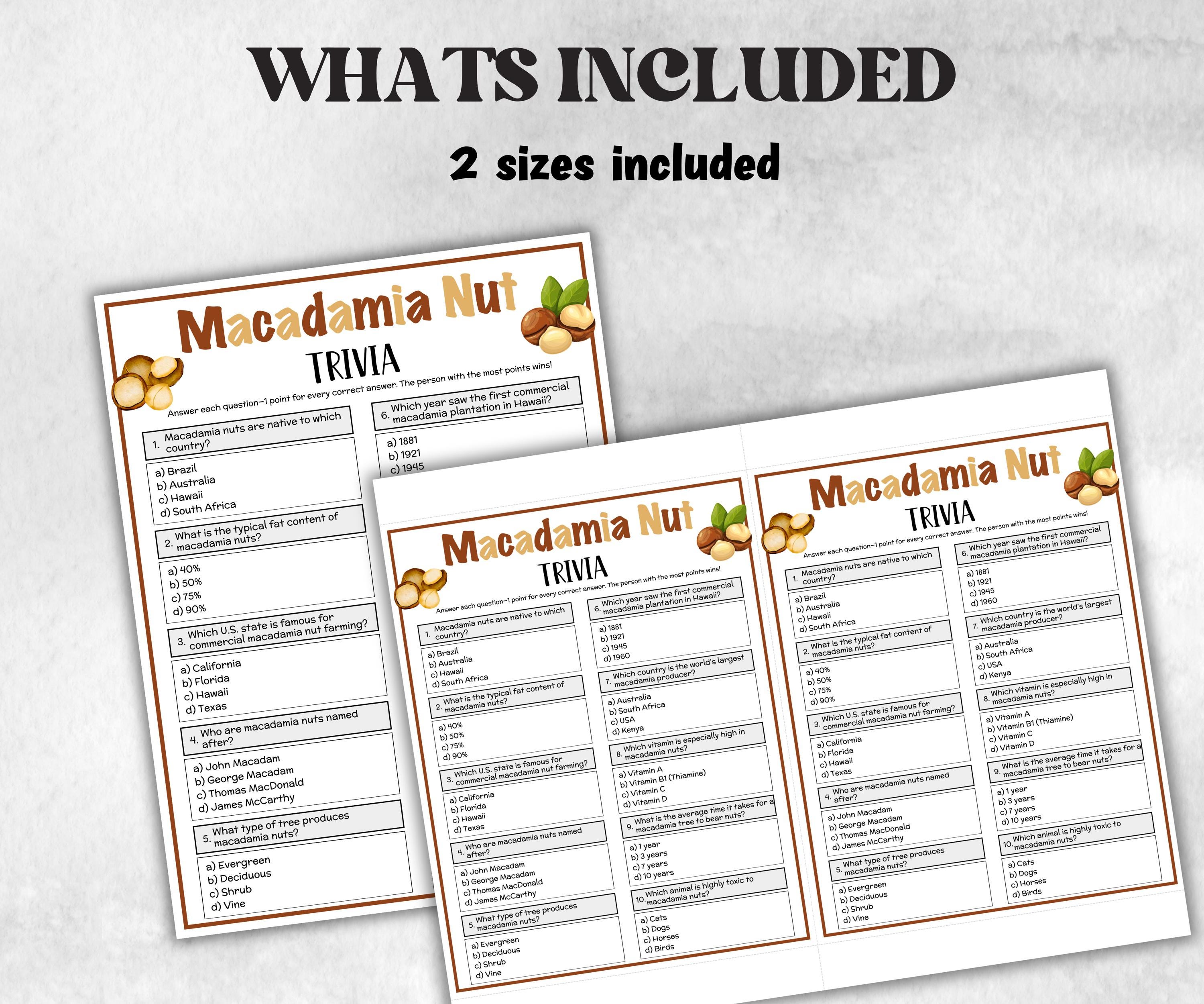 Printable Macadamia Nut Trivia, Nut Theme Birthday, Seniors Trivia, summer Spring, Sunday School, Women Ministry Church, National nut day-Holidays -TheHustlingCatLady-Party Games